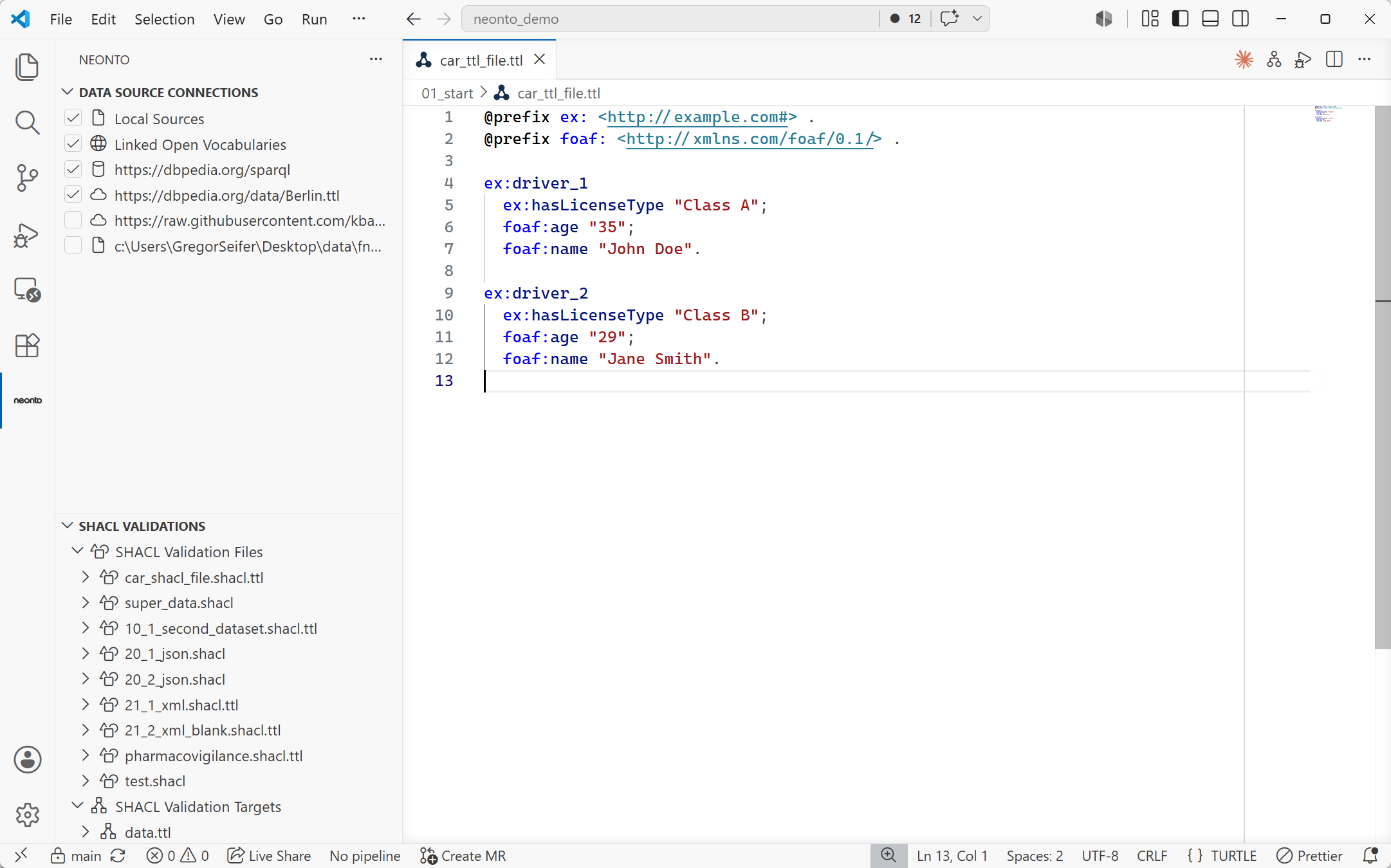 neonto Editor in VS Code: a syntax-highlighted Turtle file open in the editor with the neonto sidebar views on the left