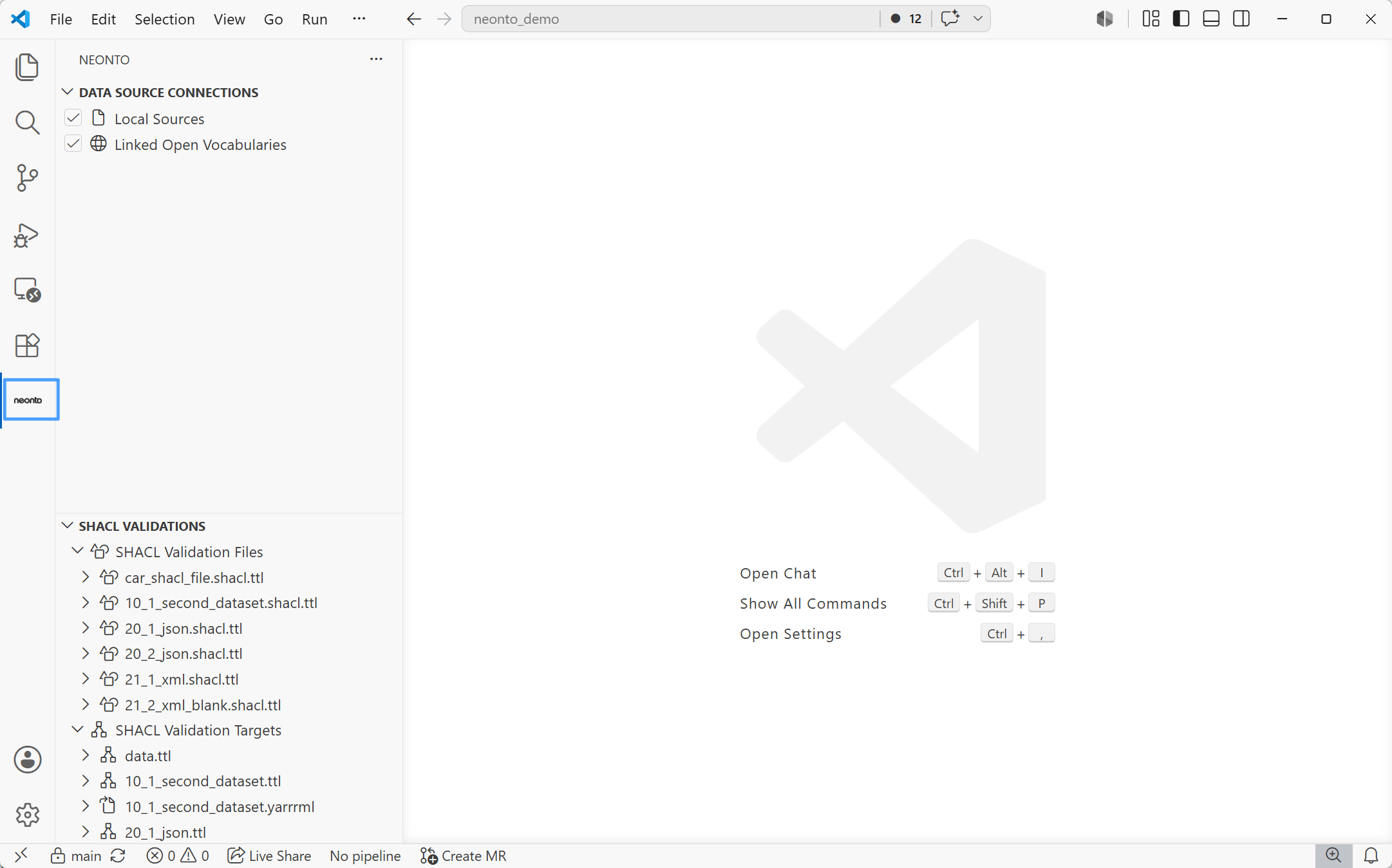 The neonto icon selected in the VS Code Activity Bar, showing the Data Source Connections and SHACL Validations views