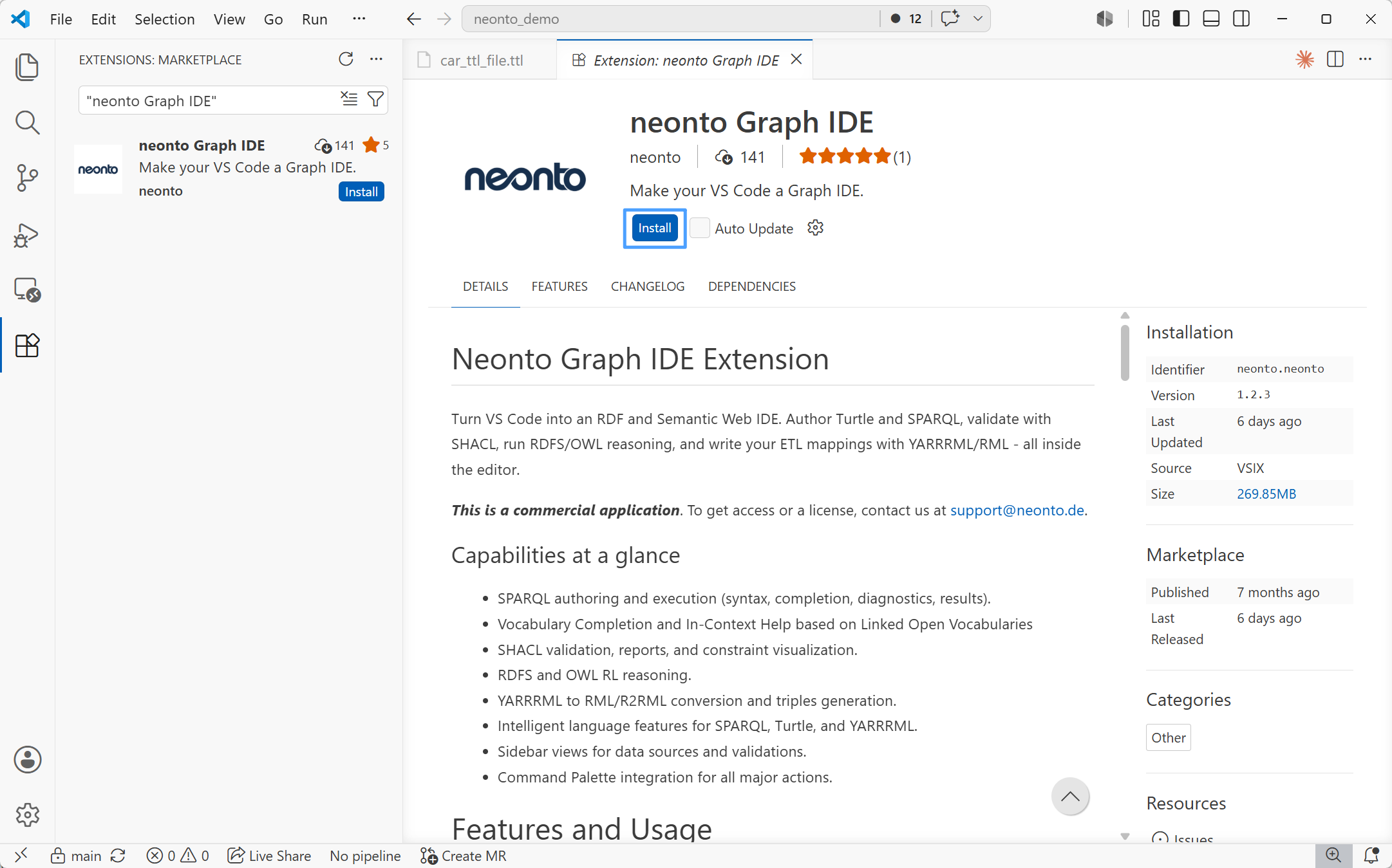The neonto Editor listing on the VS Code Marketplace with the Install button