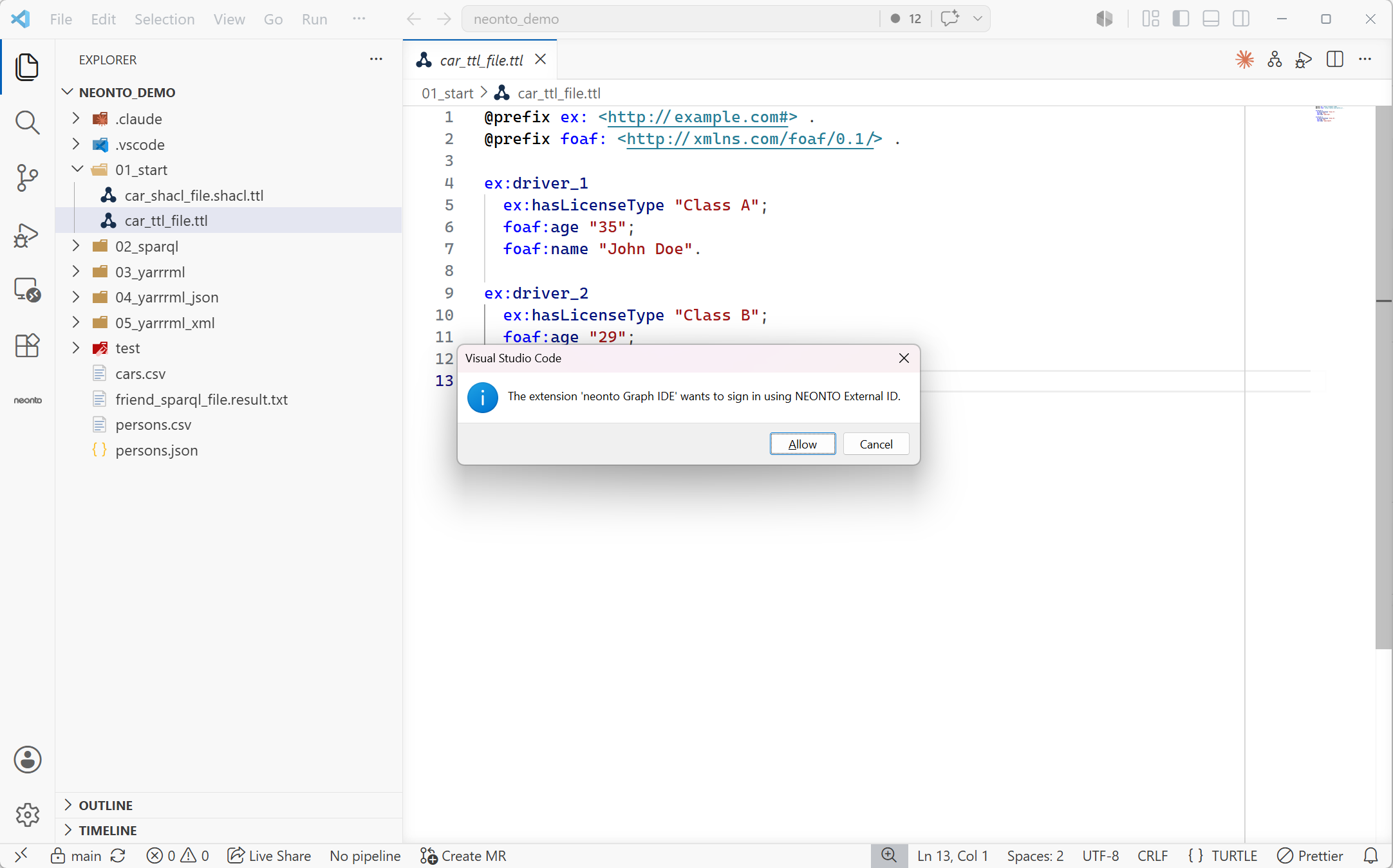 VS Code consent dialog asking to sign in using NEONTO External ID, with Allow and Cancel buttons