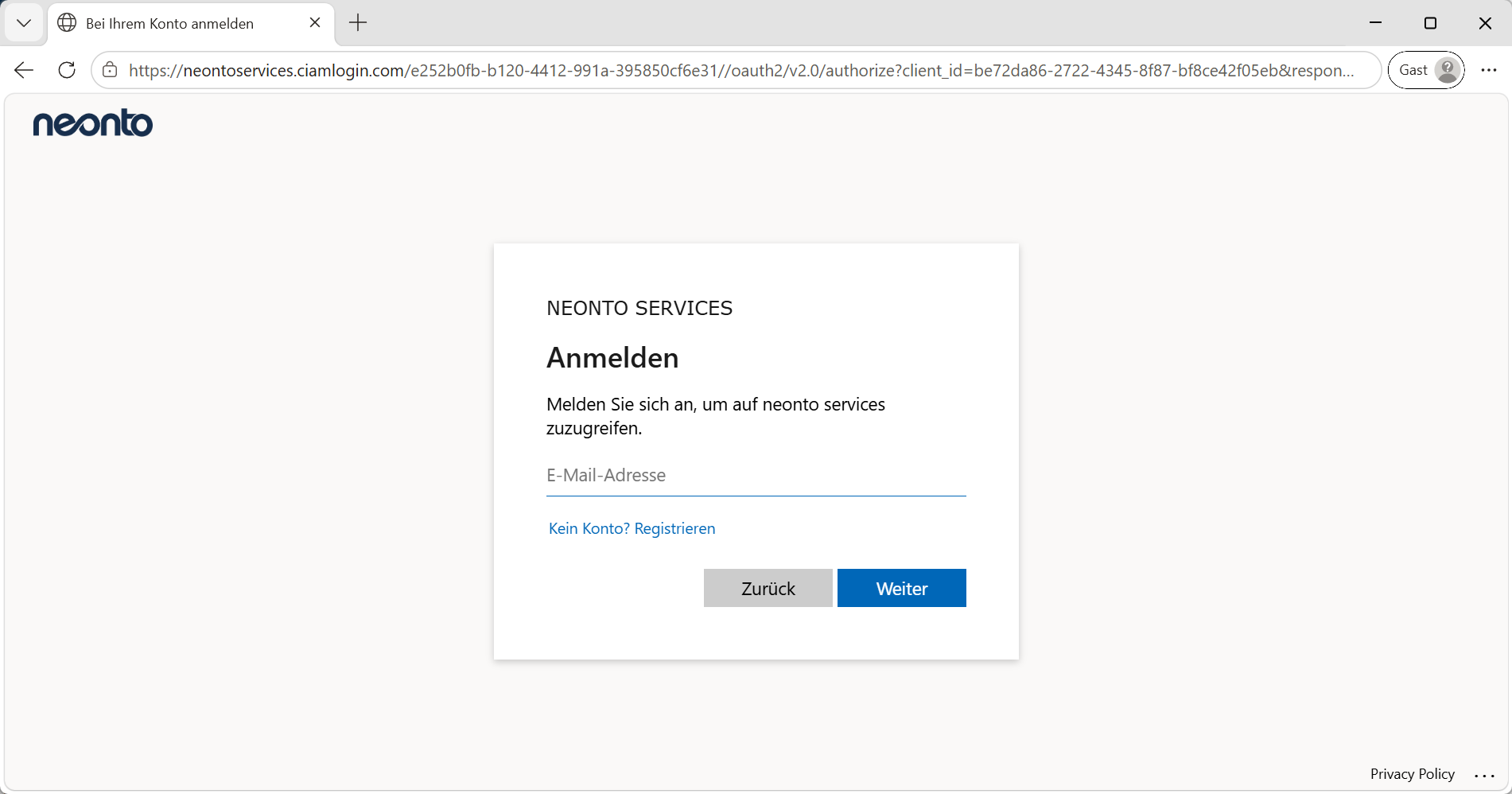 neonto Services sign-in page prompting for an email address