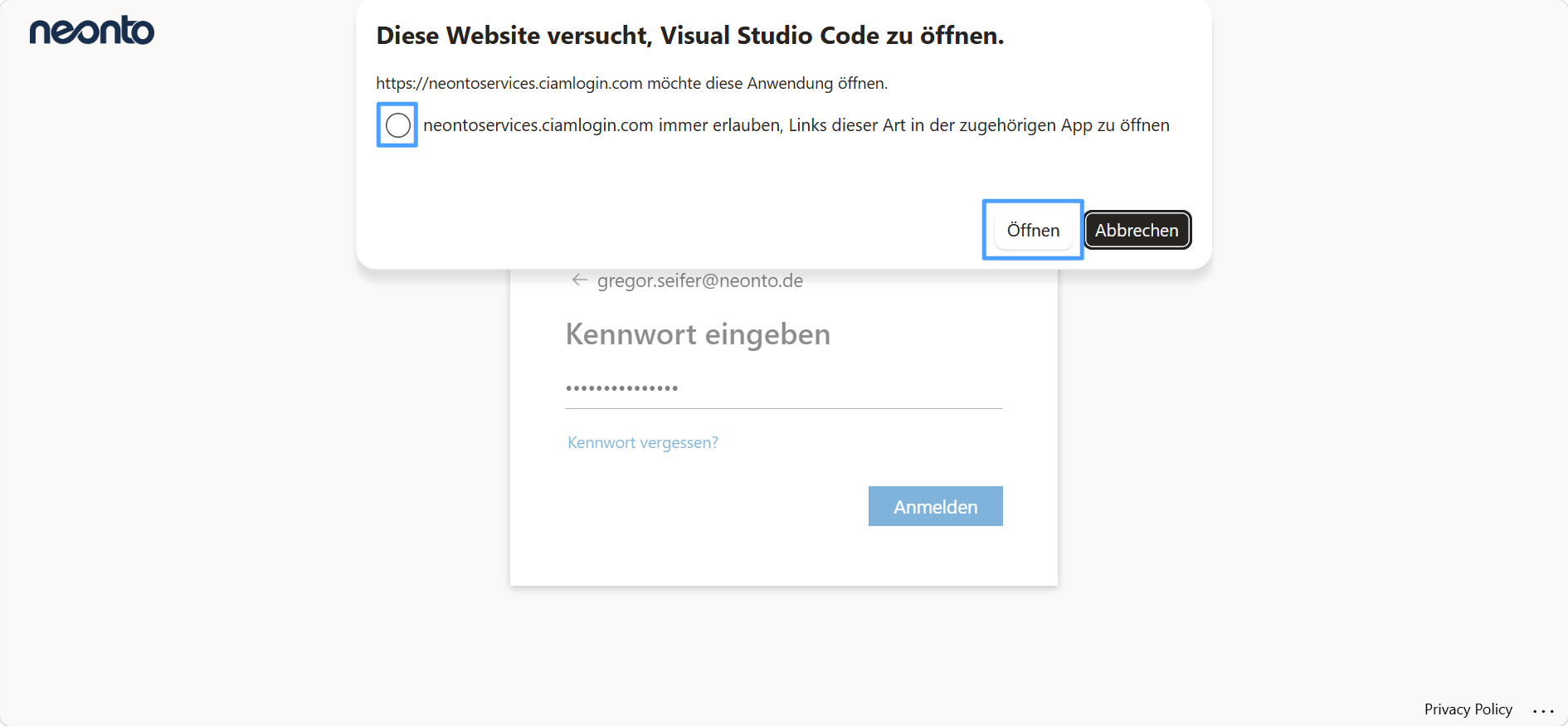 Browser prompt asking permission to open Visual Studio Code, with the Open button highlighted