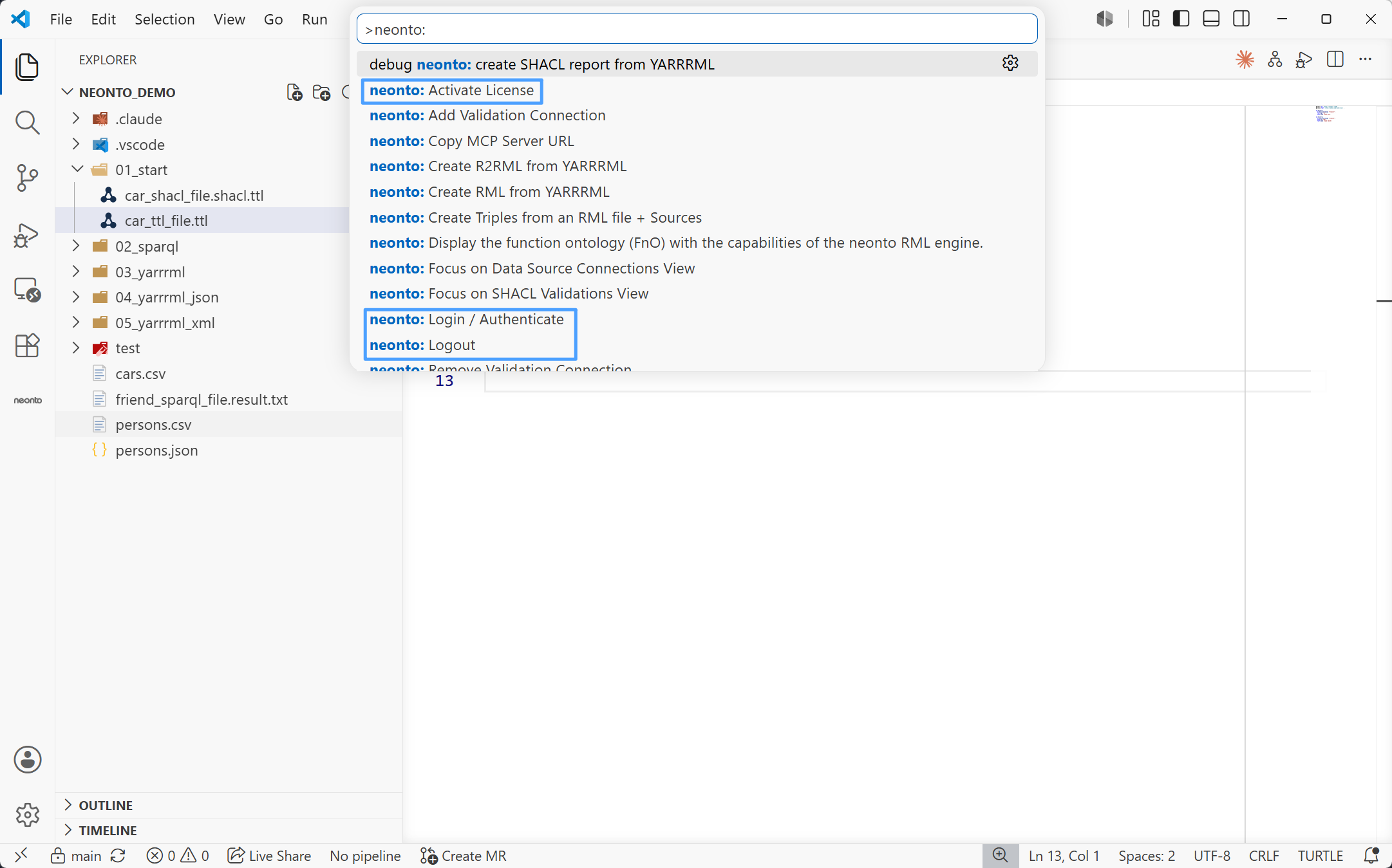 The Command Palette filtered to "neonto" showing the Login / Authenticate, Activate License, and Logout commands