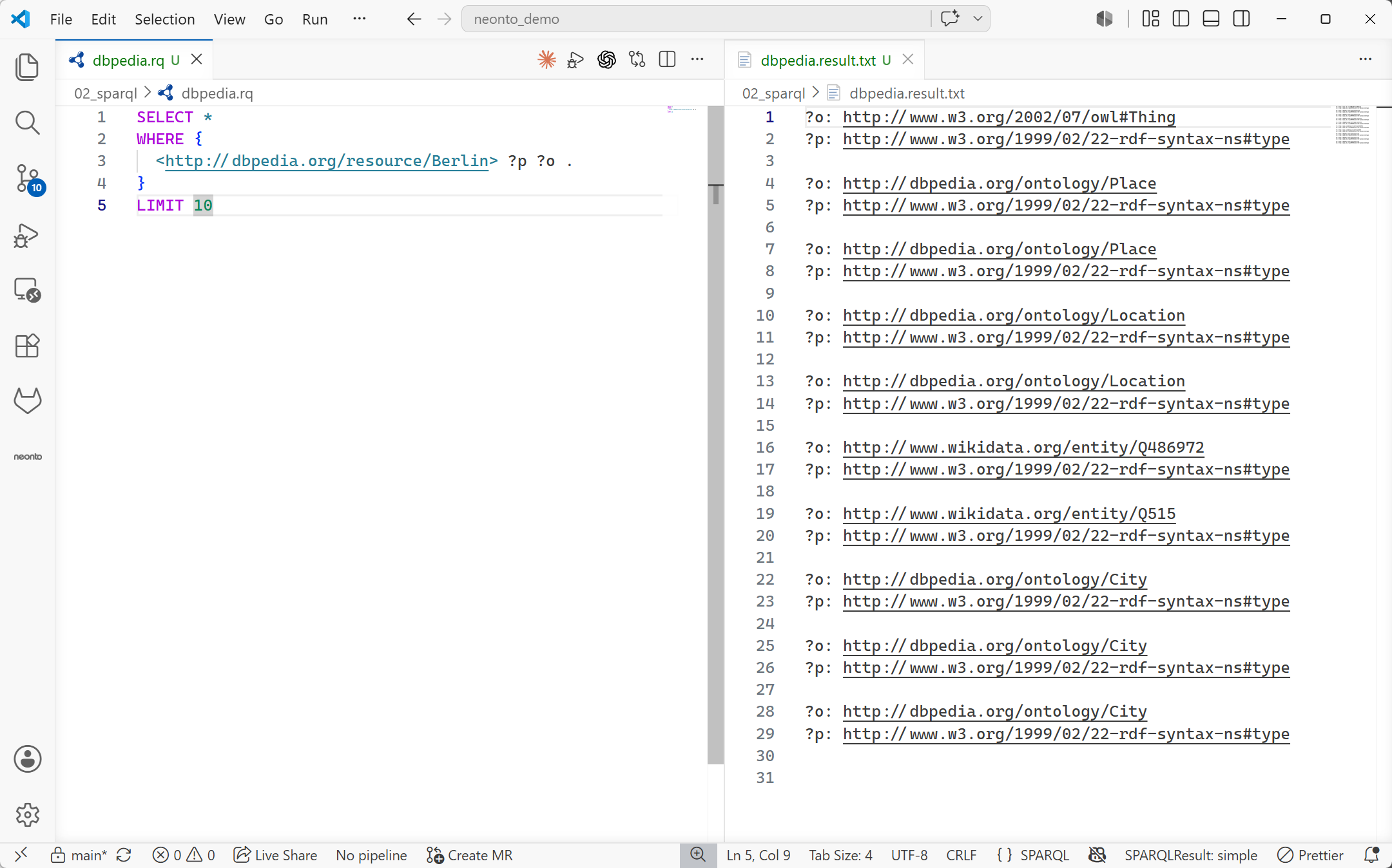 The query result opened as a .result.txt document, showing the returned binding from the DBpedia query
