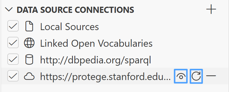 Close-up of the Data Source Connections view with Local Sources, Linked Open Vocabularies, a SPARQL endpoint, and a remote RDF file source, showing the checkboxes and the inline Preview, Refresh, and Remove icons