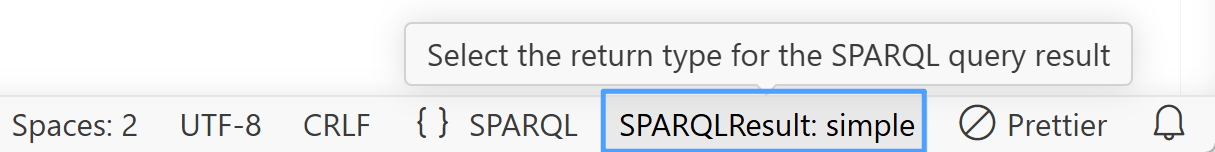 The right side of the status bar with a .rq file active, showing the SPARQLResult: simple item highlighted and its tooltip "Select the return type for the SPARQL query result"