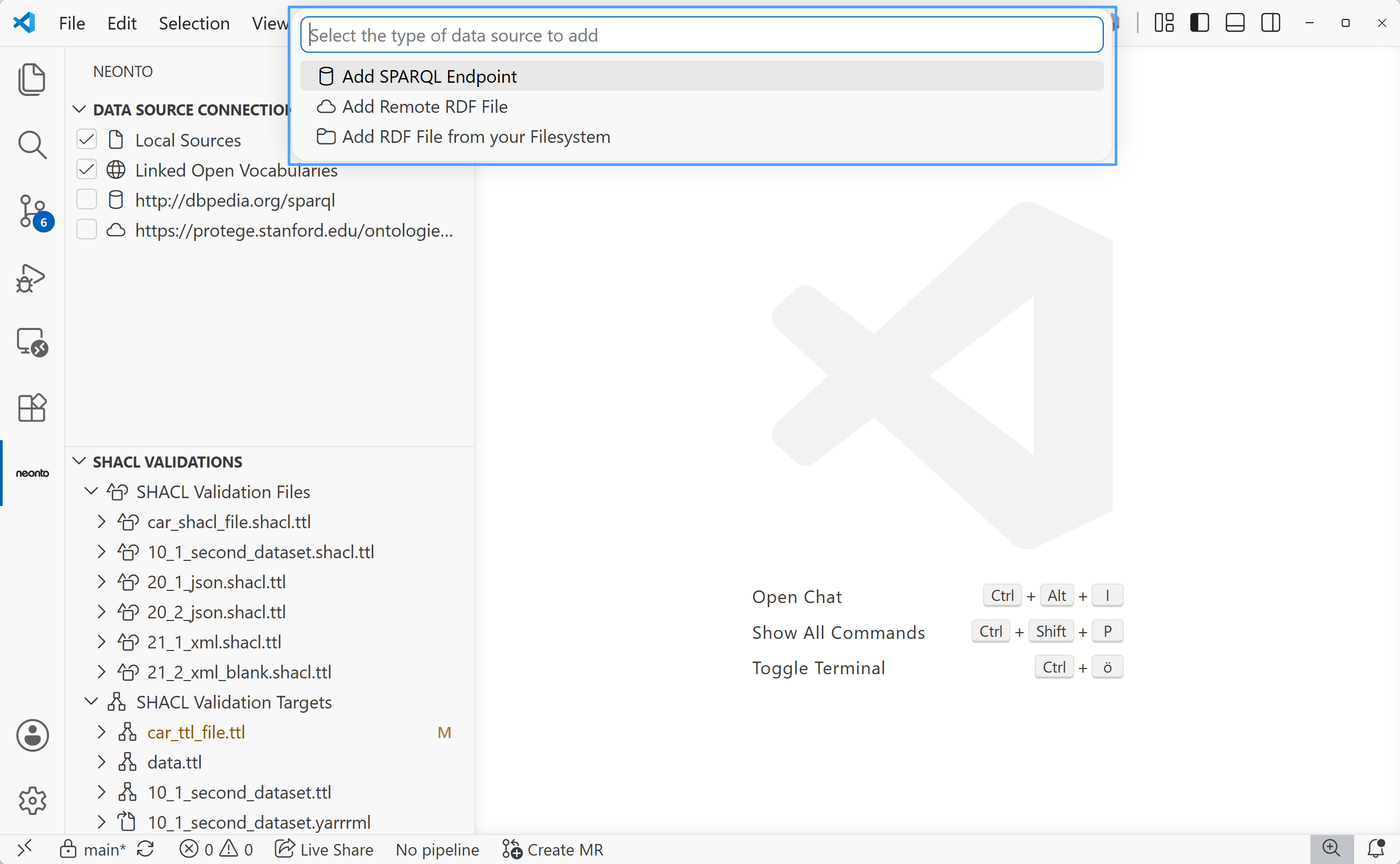 The Add Data Source quick pick listing Add SPARQL Endpoint, Add Remote RDF File, and Add RDF File from your Filesystem