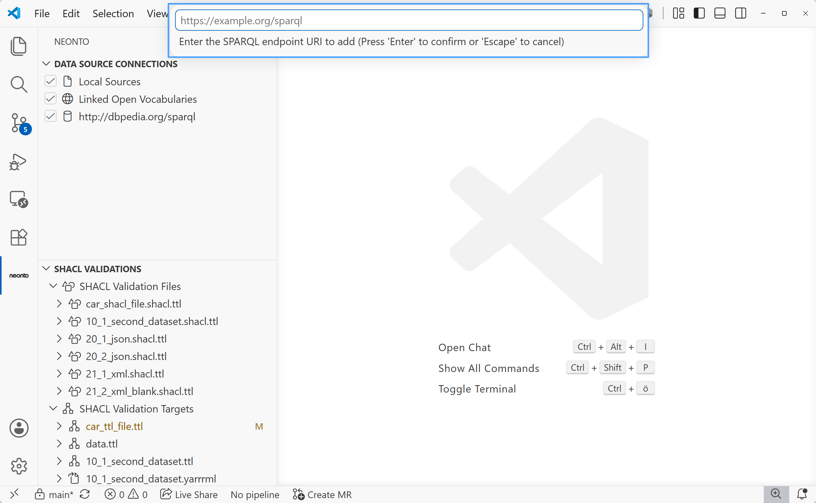 Input box prompting "Enter the SPARQL endpoint URI to add", with https://example.org/sparql as the example value