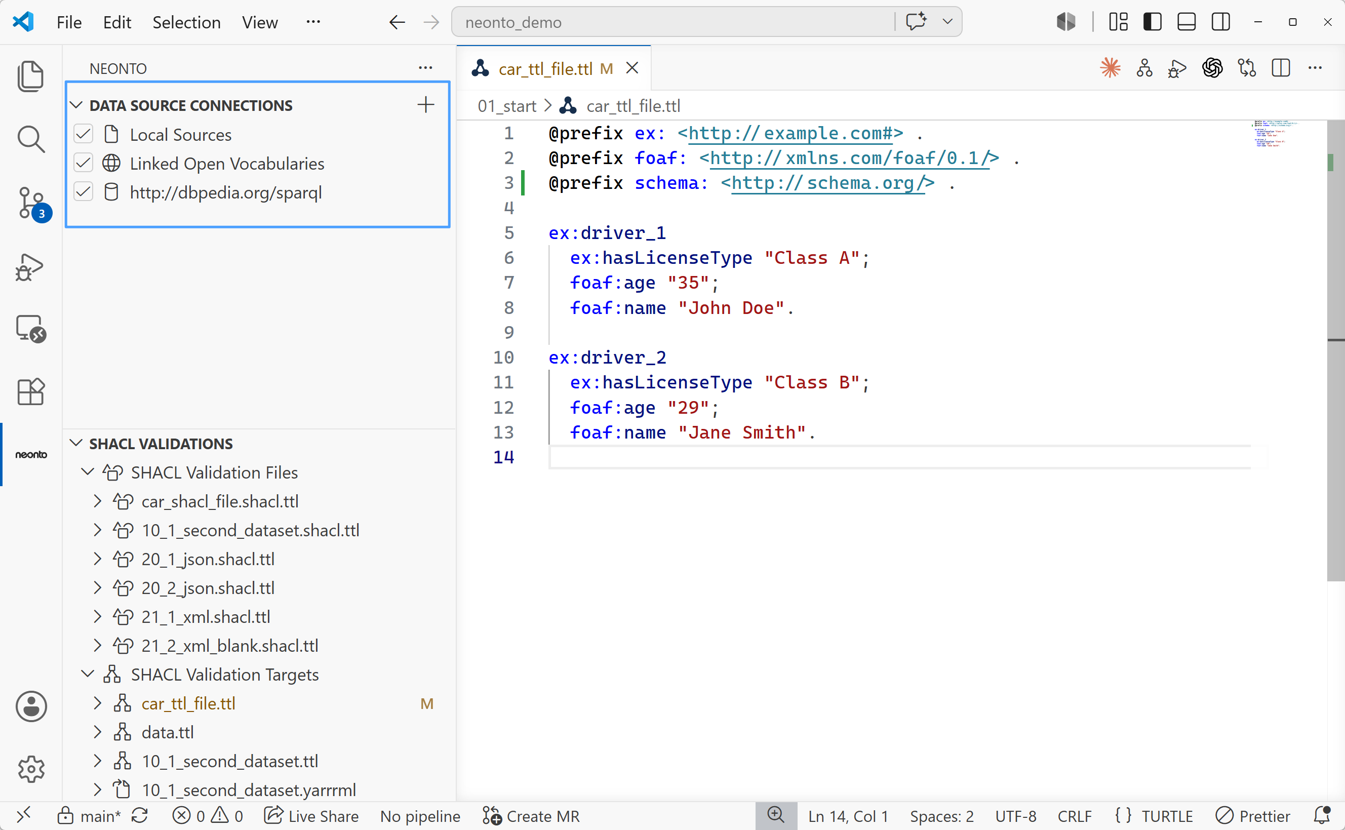 The Data Source Connections view listing Local Sources, Linked Open Vocabularies, and a SPARQL endpoint, with the + Add Data Source button in the view title bar