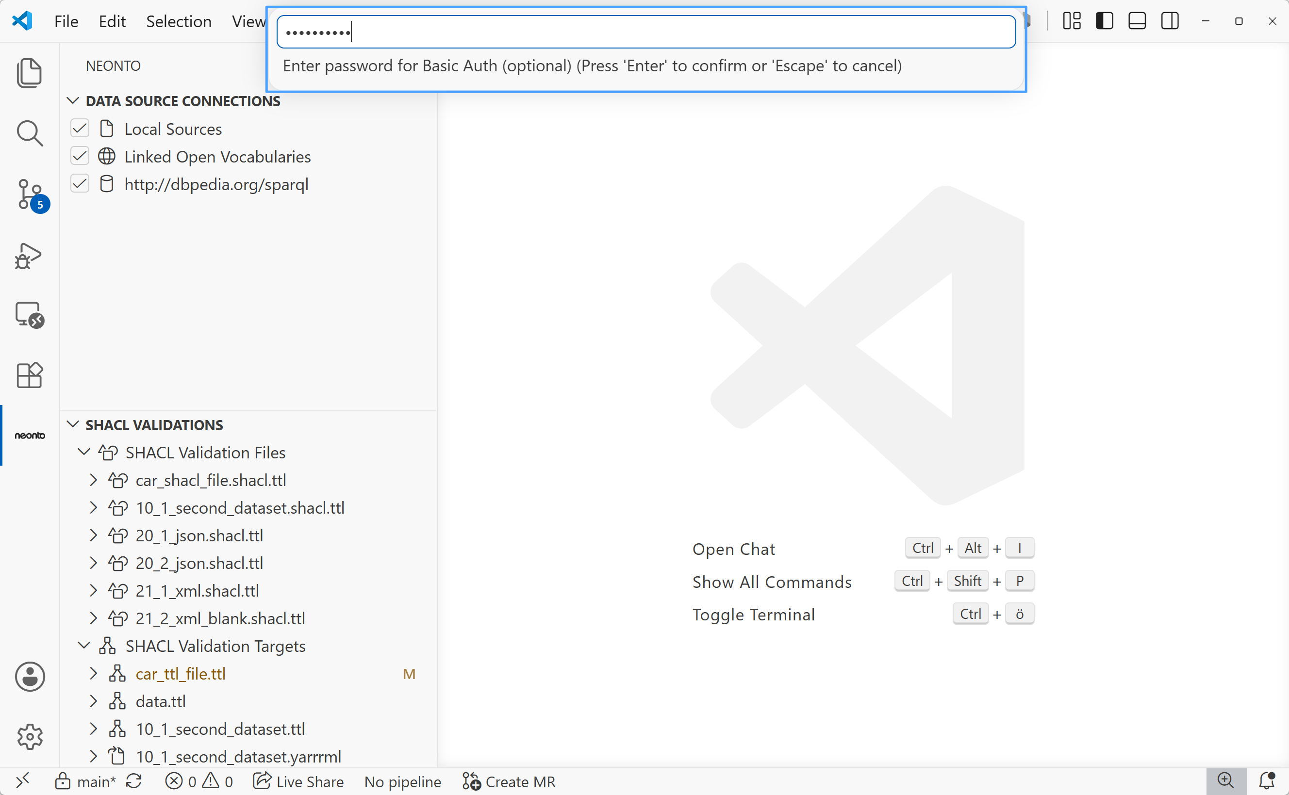 Input box prompting "Enter password for Basic authentication (optional)", with the typed password masked as dots