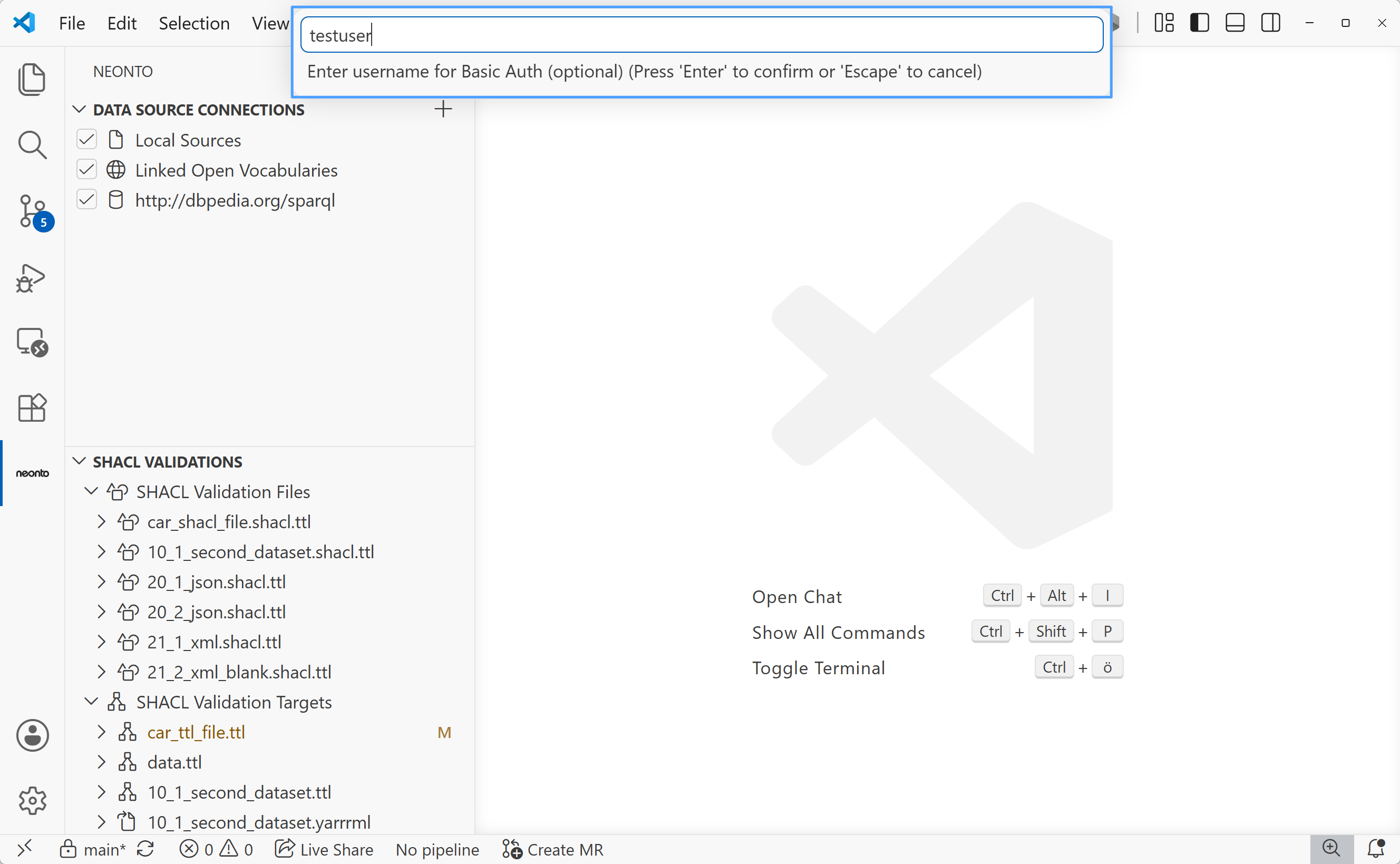 Input box prompting "Enter username for Basic authentication (optional)", with "testuser" typed