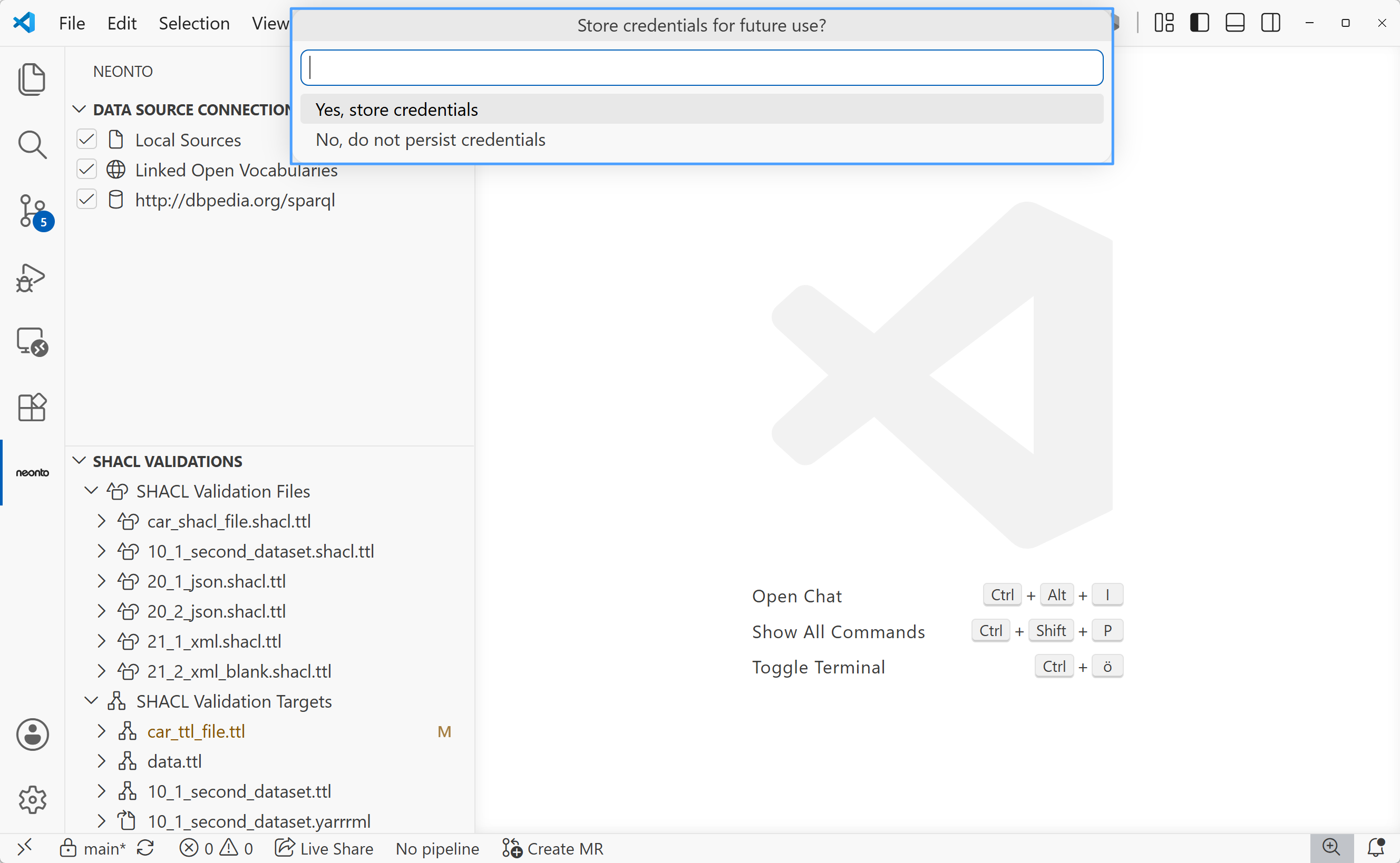The "Store credentials for future use?" quick pick with the options "Yes, store credentials" and "No, do not persist credentials"