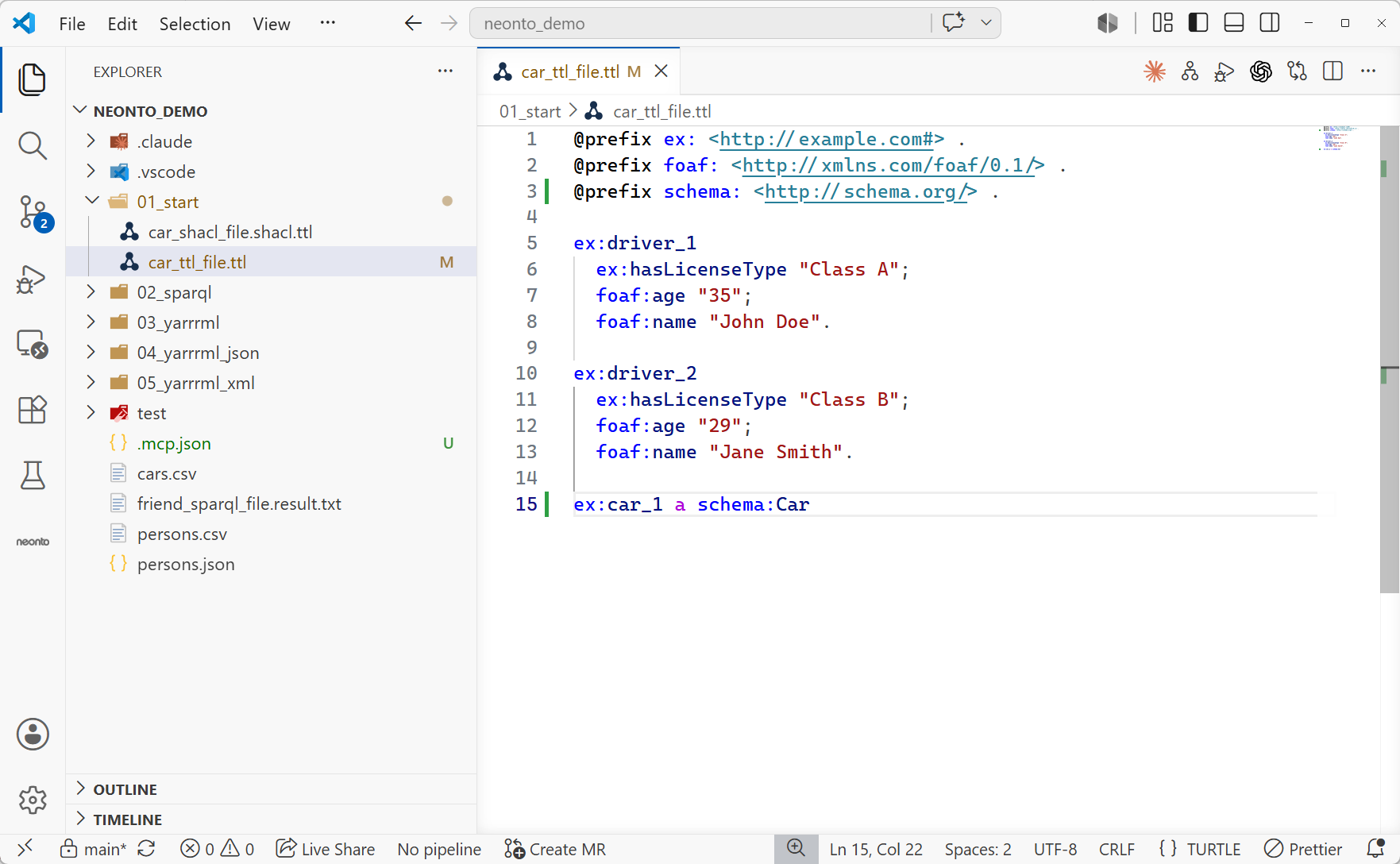 The .ttl file after the quick fix, with the schema prefix declared on line 3 and no remaining problems