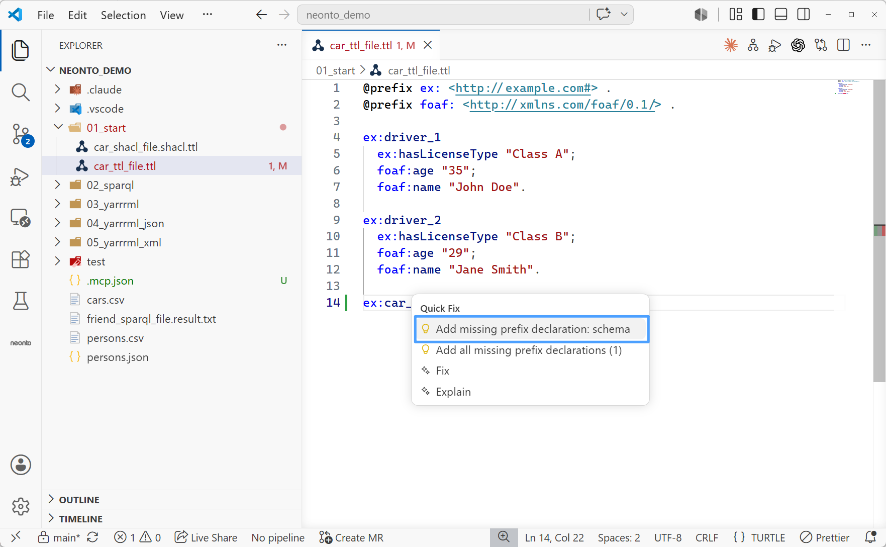 The Quick Fix menu offering "Add missing prefix declaration: schema" and "Add all missing prefix declarations (1)"