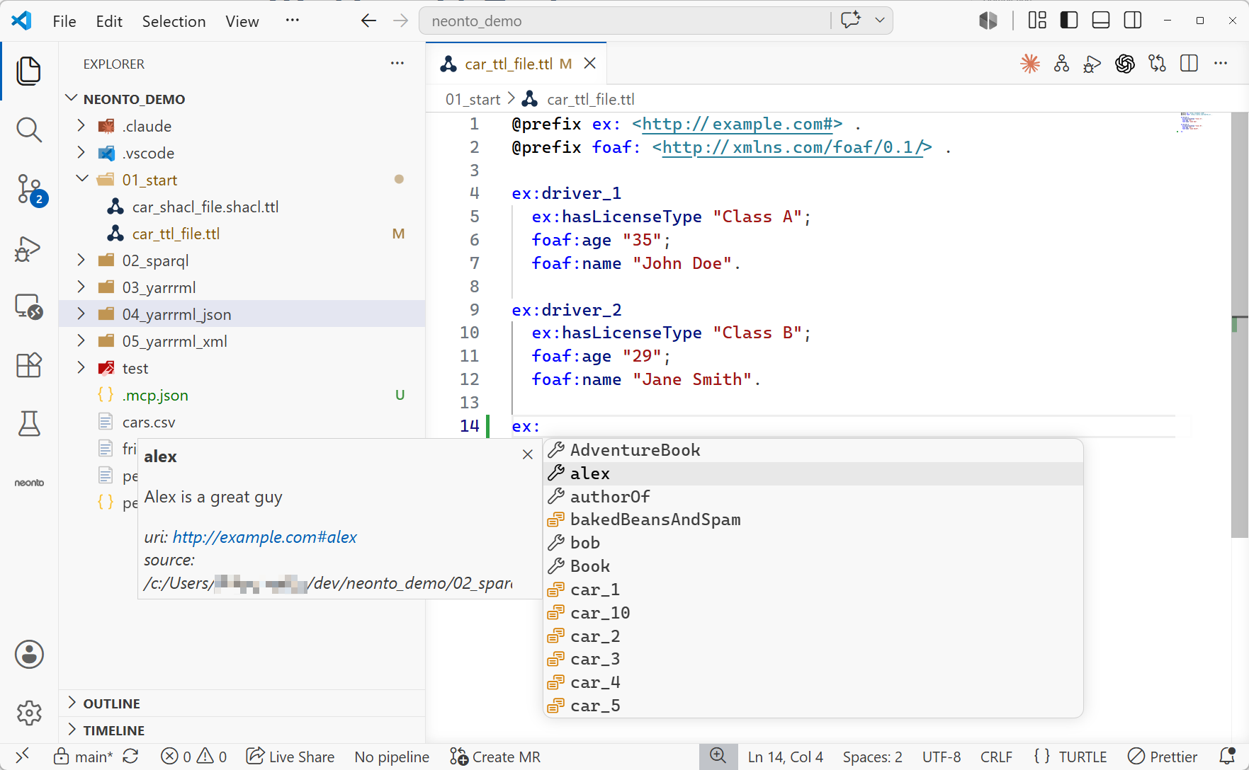 A .ttl file with the completion popup open, listing terms from the workspace vocabulary with documentation shown for the selected entry