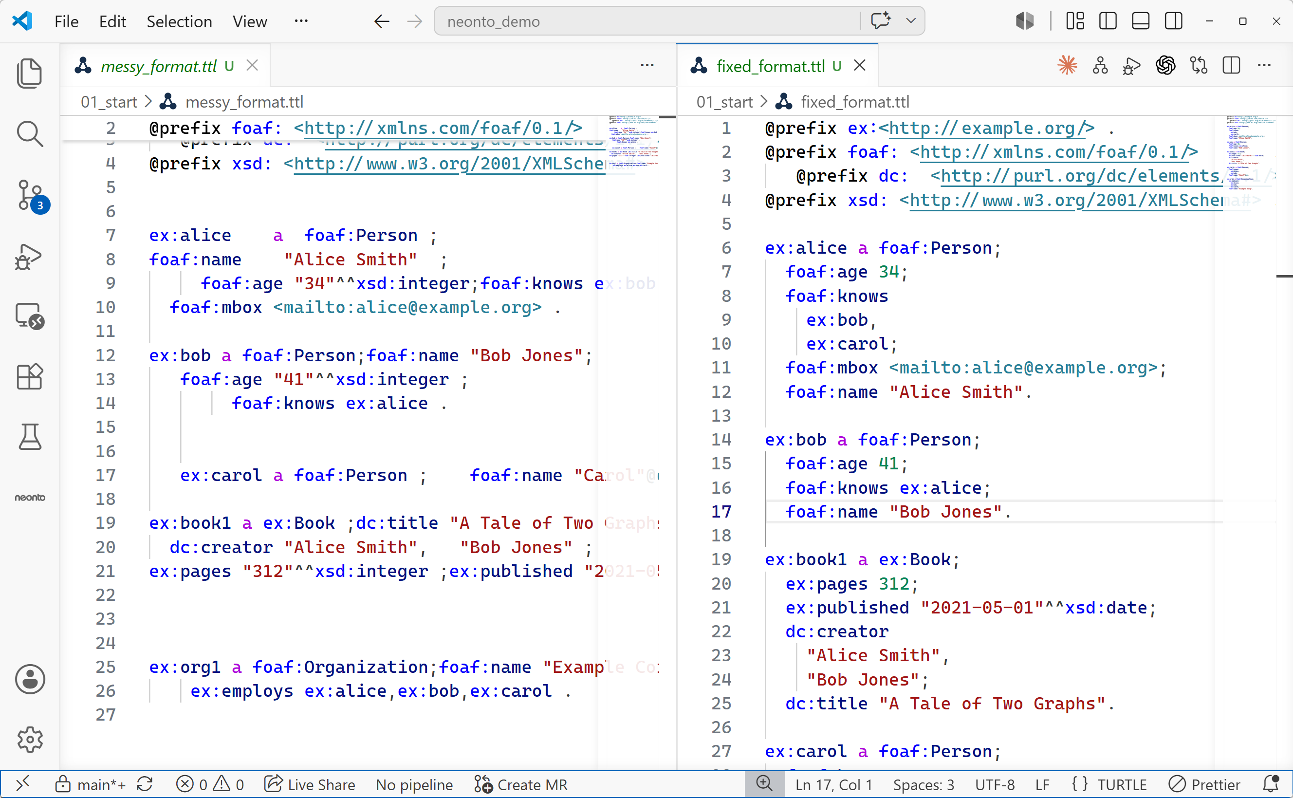 Side-by-side comparison of a messy .ttl file with inconsistent indentation and a formatted copy with aligned predicate lists after running Format Document