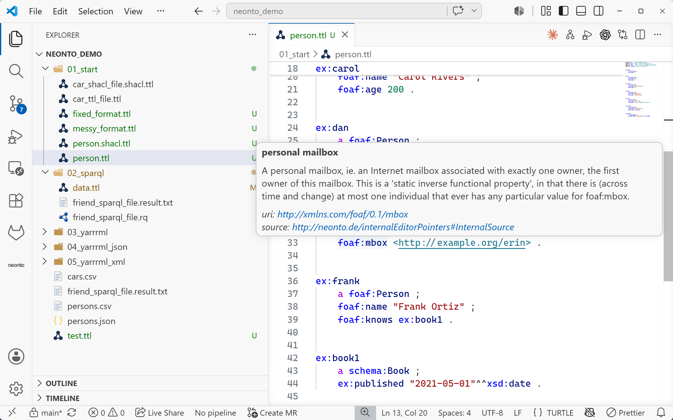 Hovering over foaf in a .ttl file displays a tooltip with the term's label, description, URI, and vocabulary source