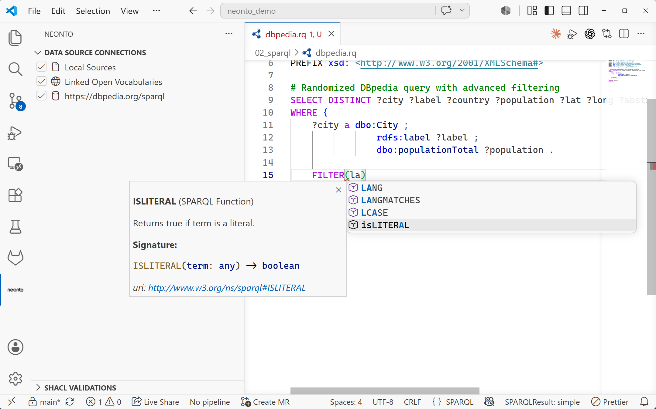 A .rq file with the completion popup listing SPARQL functions LANG, LANGMATCHES, LCASE, and isLITERAL after typing "la", with the isLITERAL documentation panel showing its signature and URI