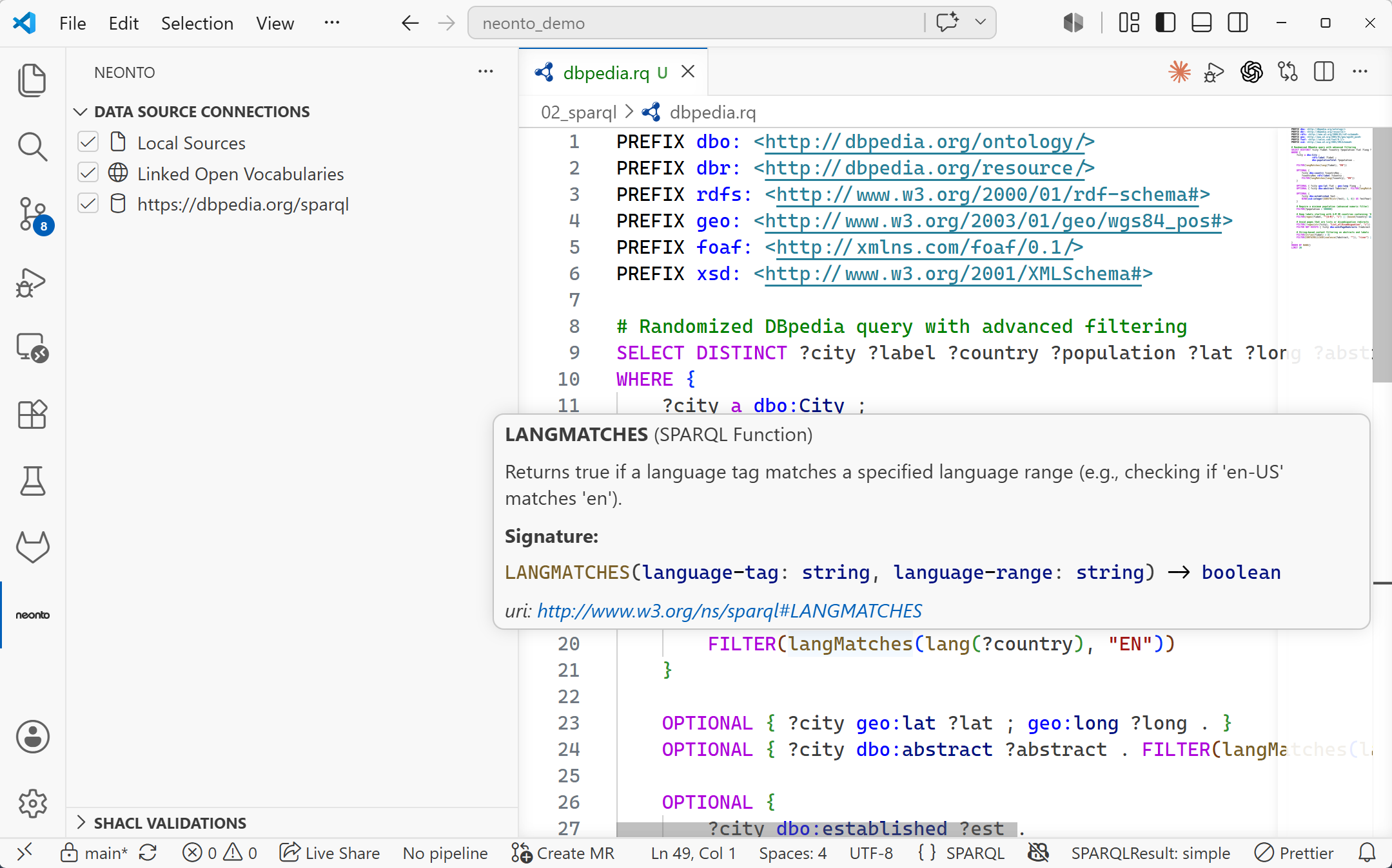 A .rq SPARQL query with the hover tooltip open on LANGMATCHES, showing the function's description, signature, and W3C URI