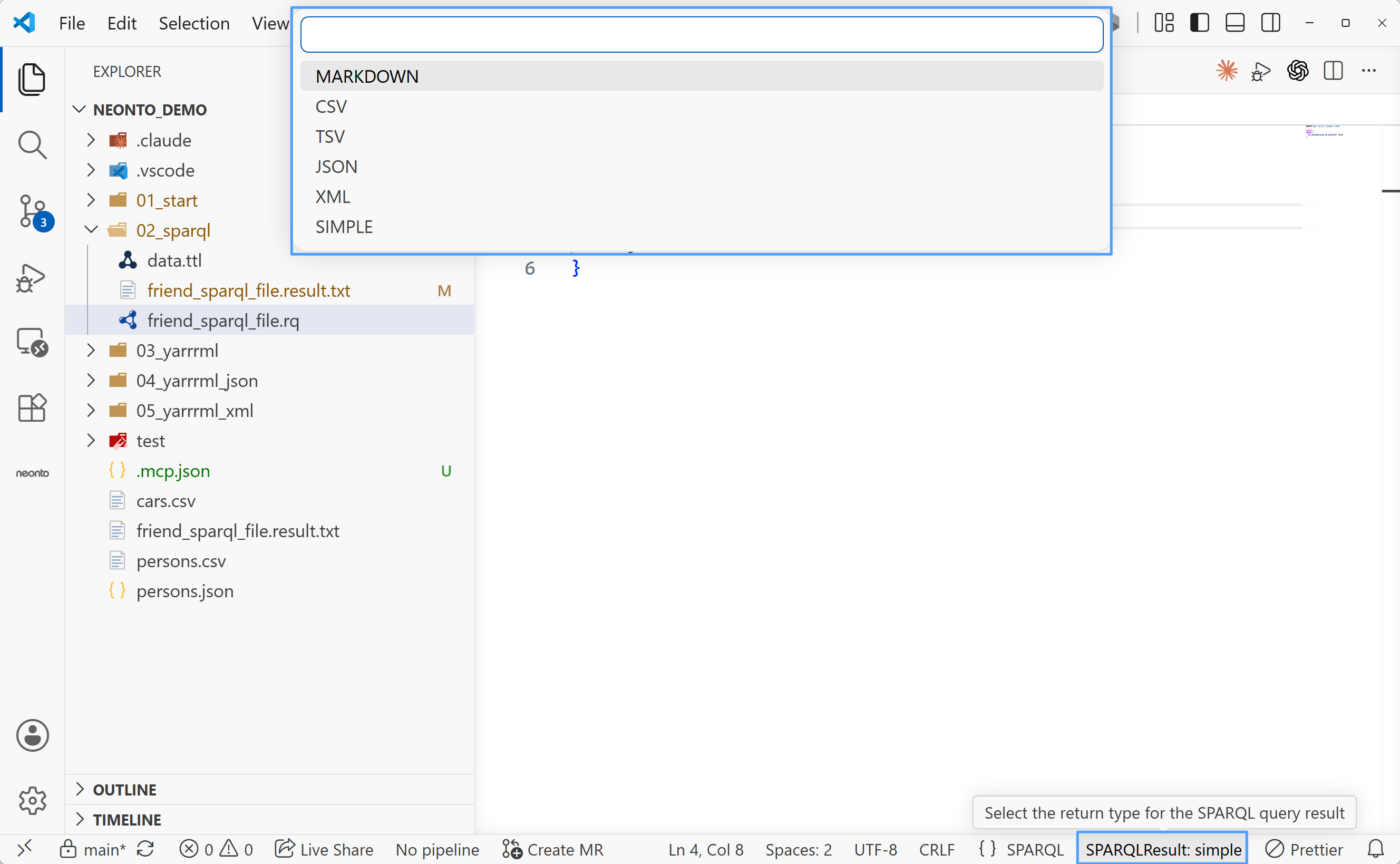 The Quick Pick list of result formats for a SELECT query — Markdown, CSV, TSV, JSON, XML, Simple — with the SPARQLResult status-bar item highlighted in the bottom-right corner
