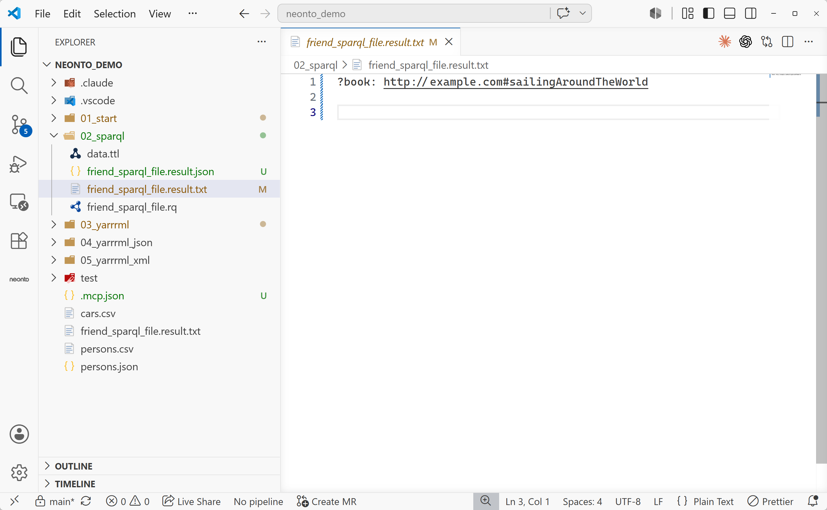 The query result opened as a .result.txt document, showing the returned binding ?book: http://example.com#sailingAroundTheWorld