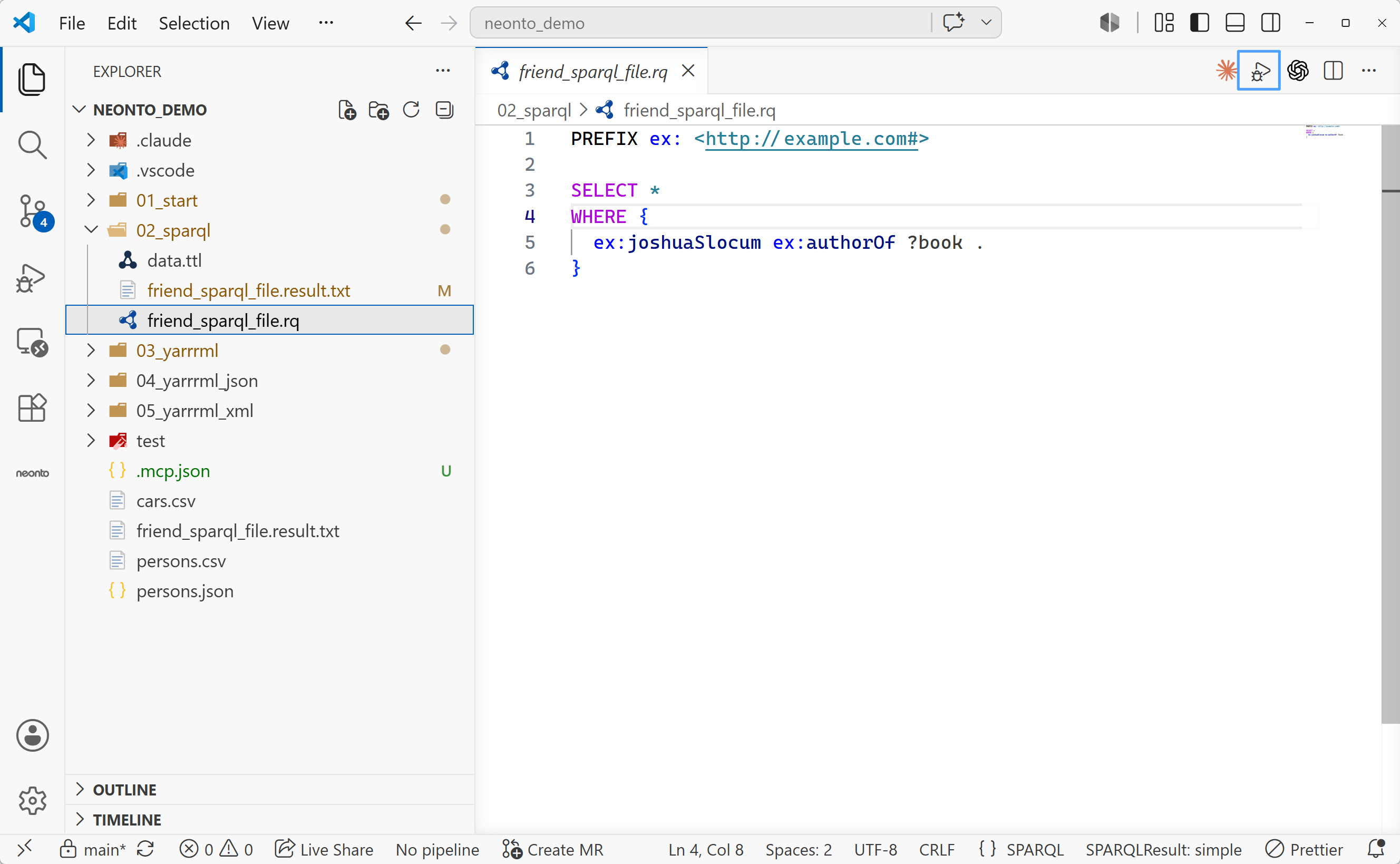 A .rq file with a SELECT query open and the Run SPARQL Query button highlighted in the editor title bar