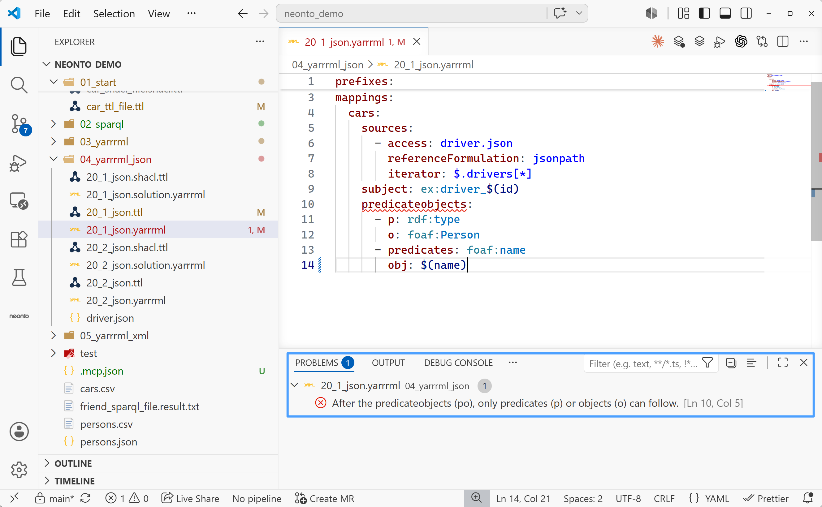 A .yarrrml file with a diagnostic squiggle under predicateobjects and the Problems panel reporting "After the predicateobjects (po), only predicates (p) or objects (o) can follow"