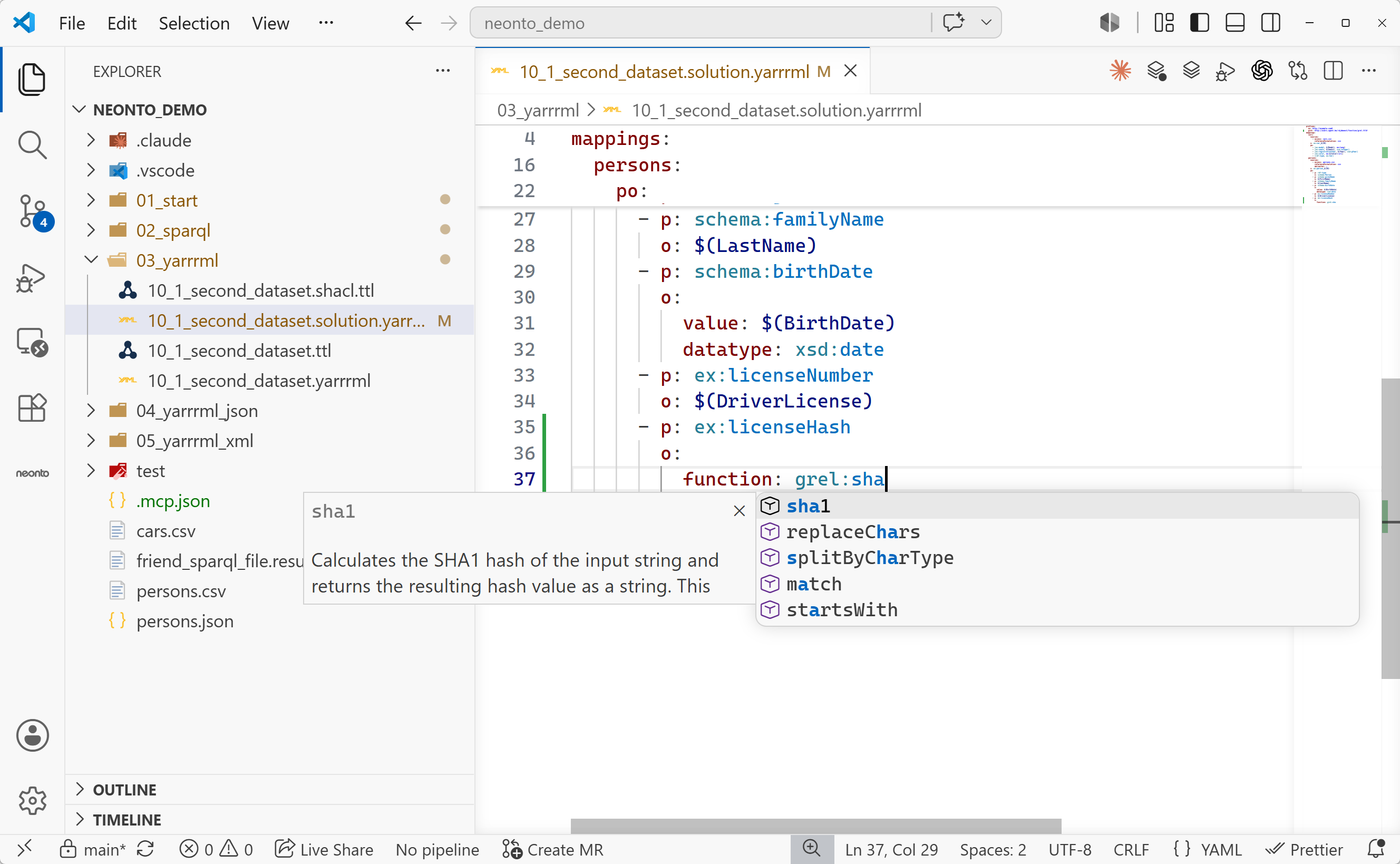 A .yarrrml mapping with the completion popup open after typing "function: grel", listing transform functions with documentation for sha1 shown alongside