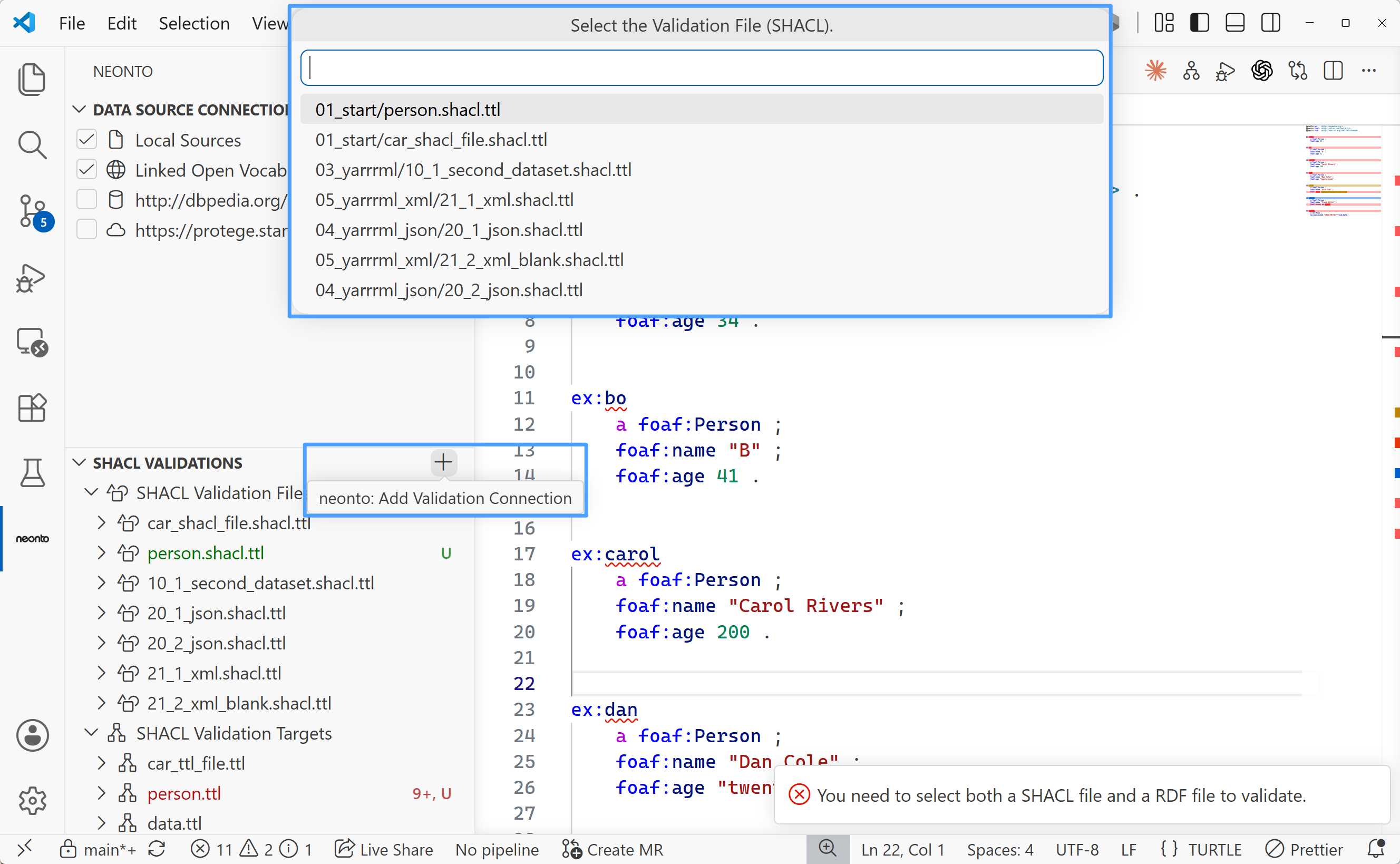 The Add Validation Connection button with its tooltip on the SHACL Validations view, and the "Select the Validation File (SHACL)" quick pick listing the workspace's shapes files