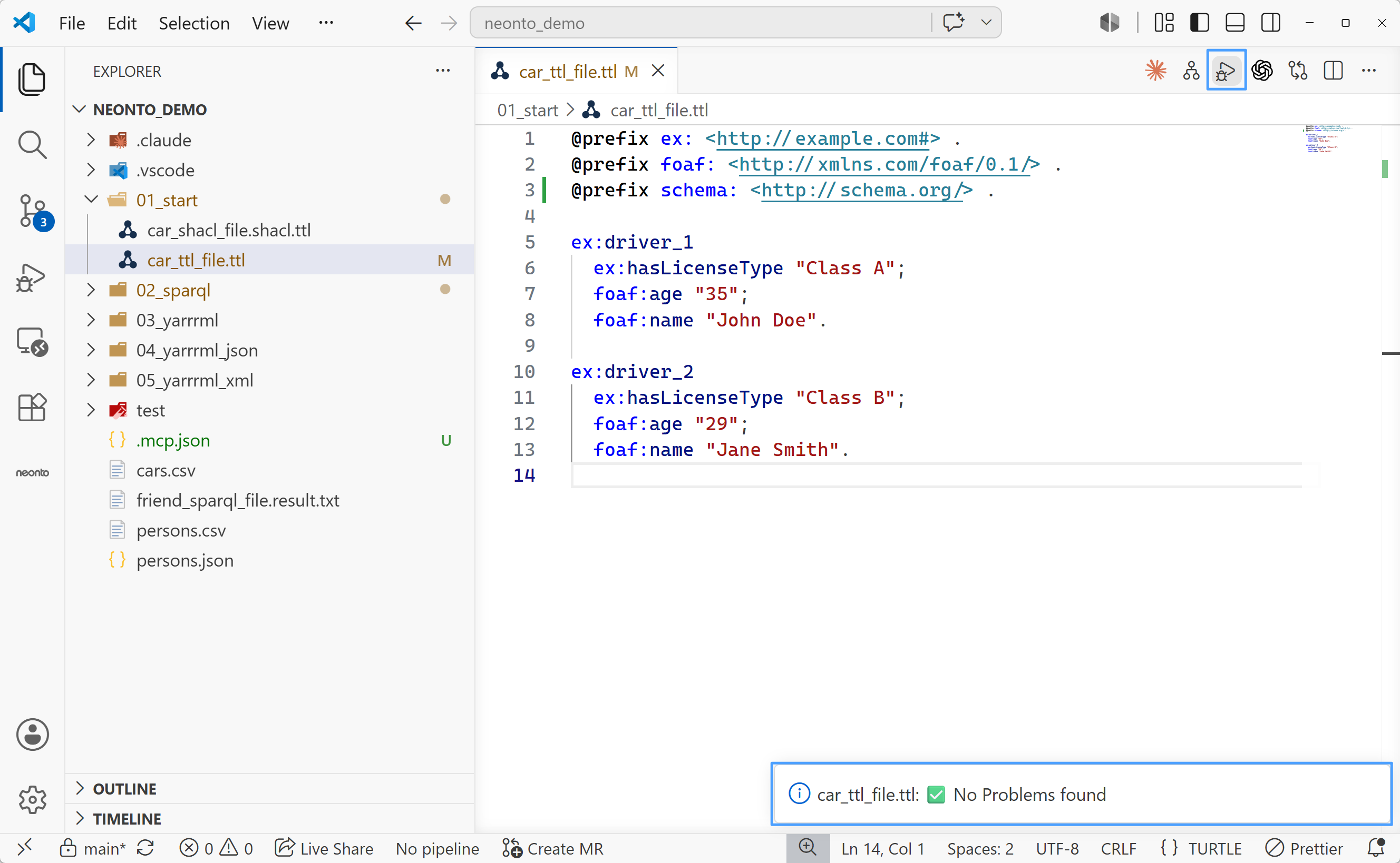 A .ttl data file with the Run SHACL Validation editor-title button highlighted and a notification reporting "car_ttl_file.ttl: No Problems found"