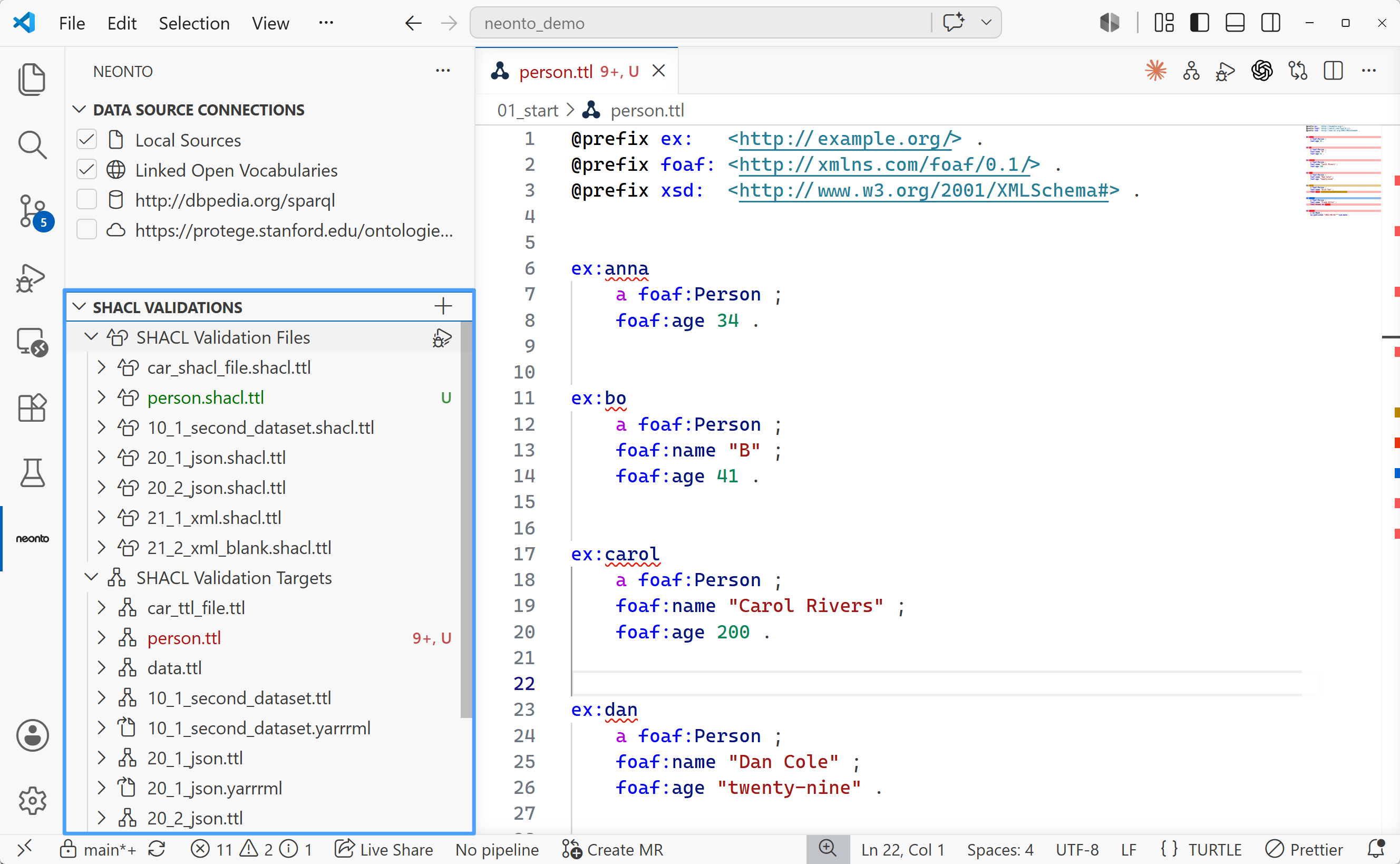 The SHACL Validations view highlighted in the sidebar, with the add button in the view title and the validation files and targets listed