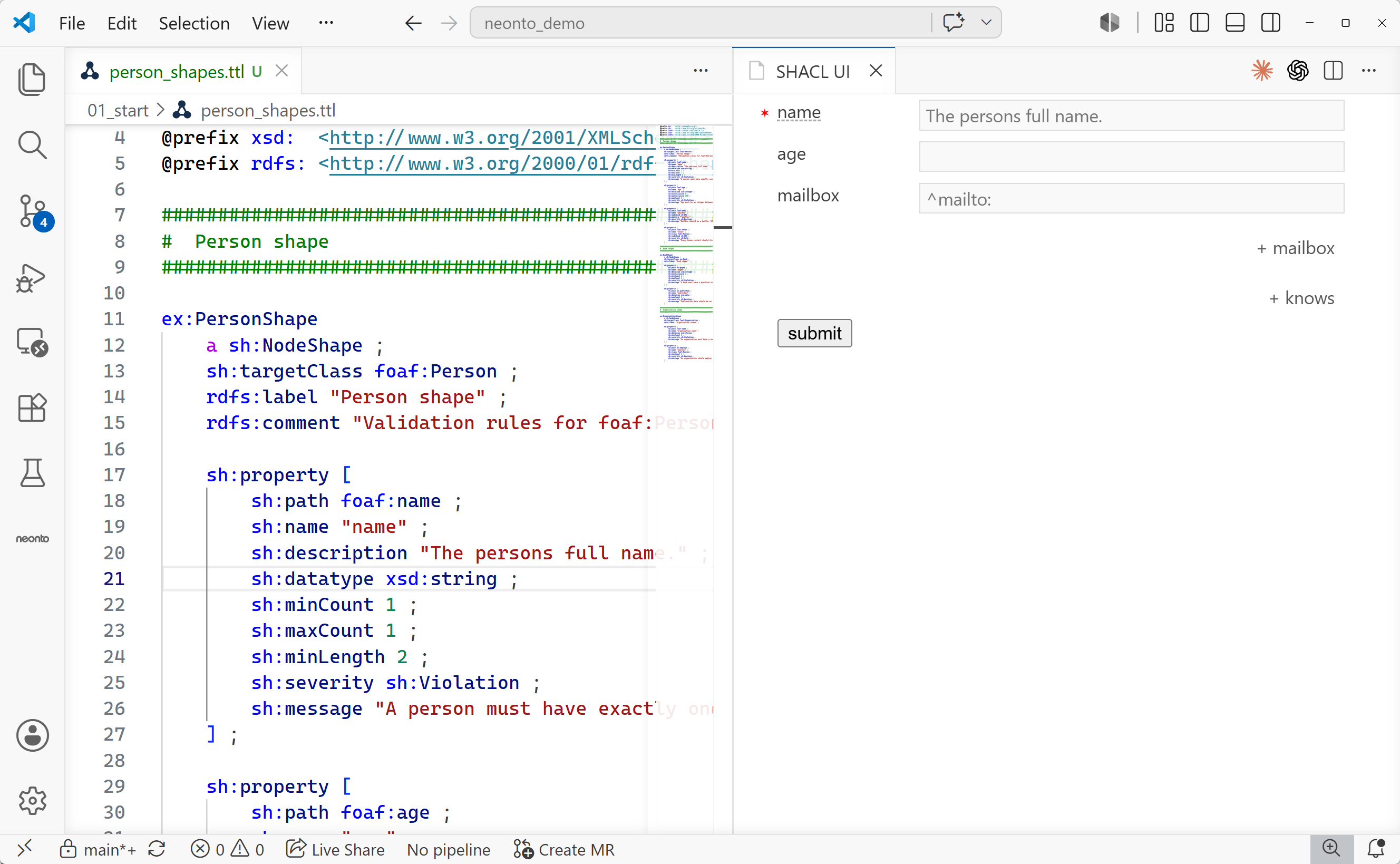 The SHACL UI webview beside a person-shapes file, rendering a form with a required name field, age, a mailbox field with a mailto pattern, and add-buttons for multi-valued properties
