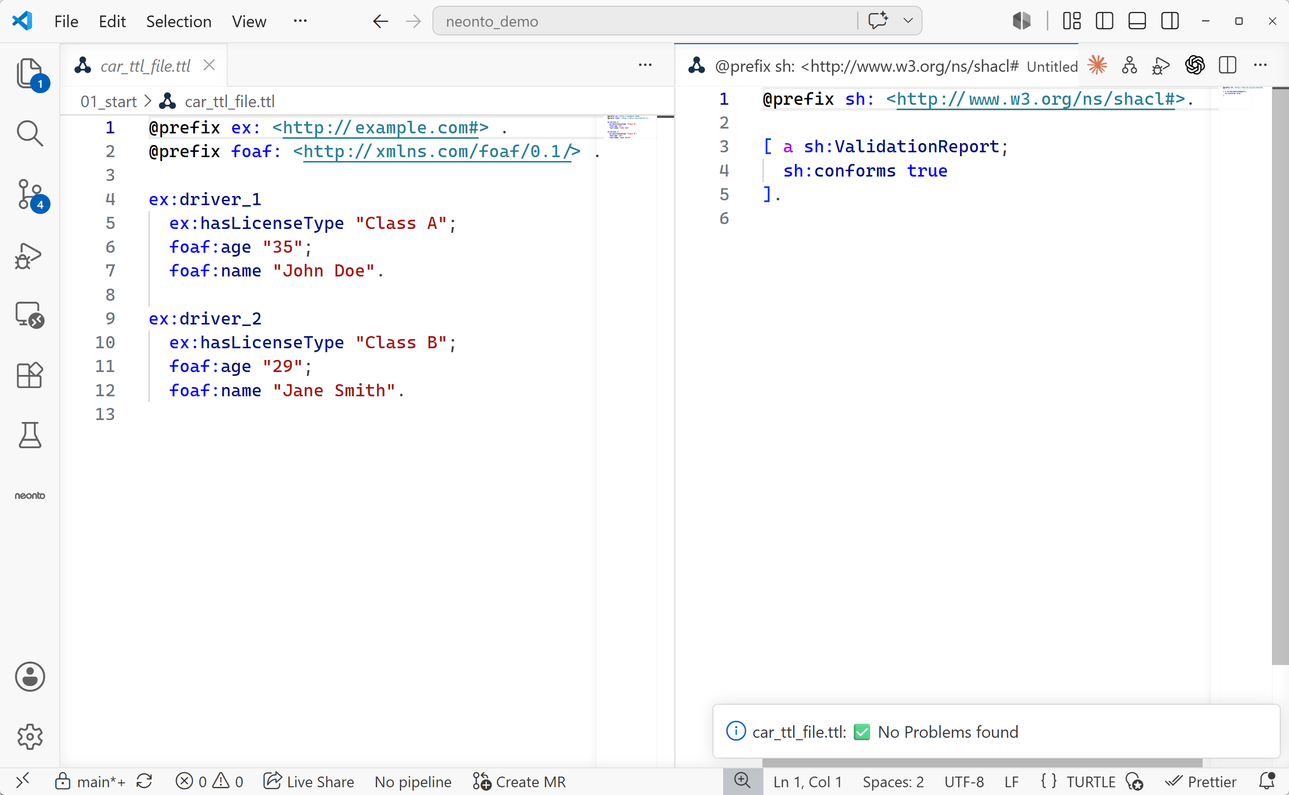 A generated SHACL validation report opened as a new Turtle tab beside the data file, showing a sh with sh true