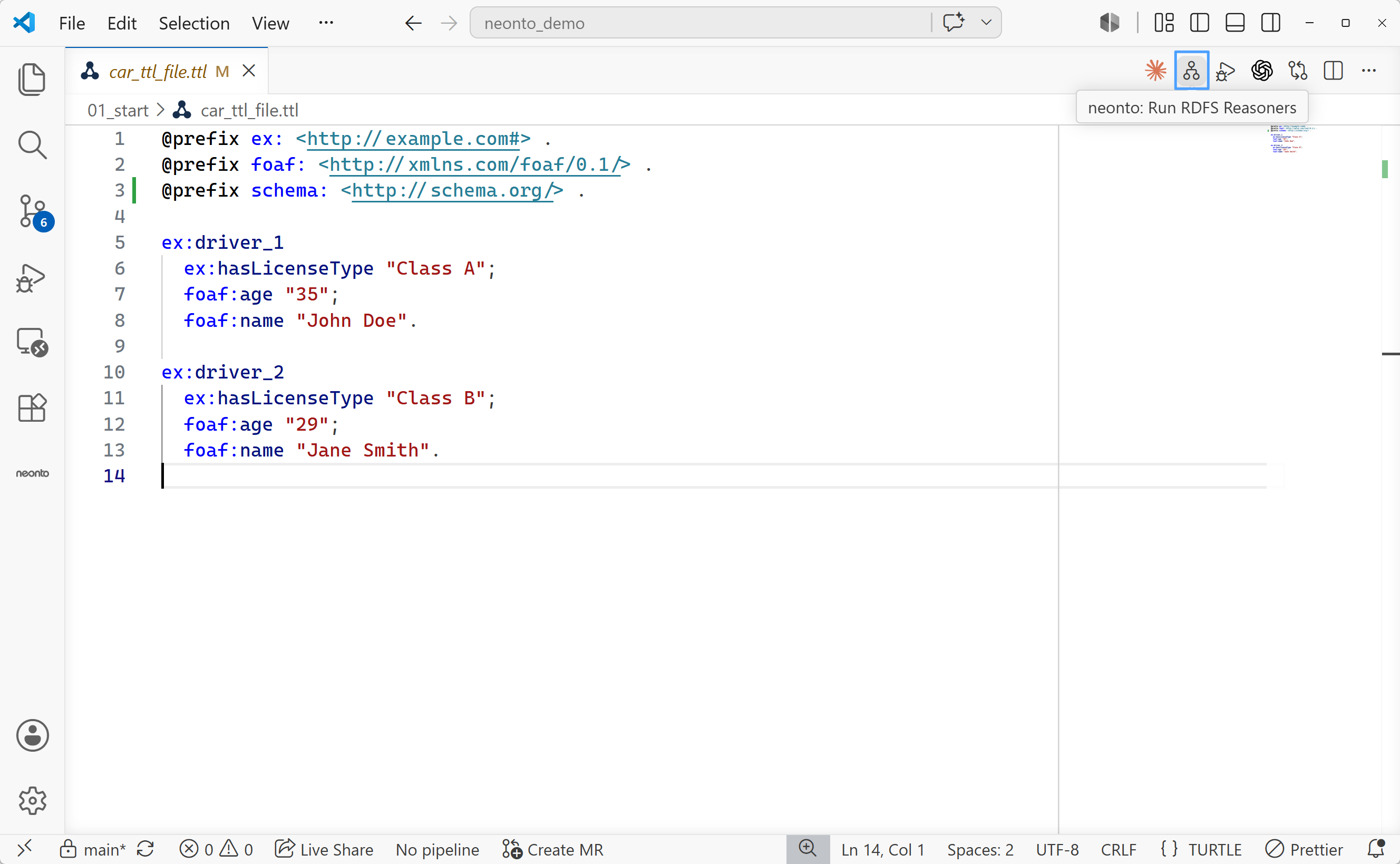 A .ttl file with the neonto editor-title buttons in the top-right of the editor, the Run RDFS Reasoners button highlighted with its tooltip shown