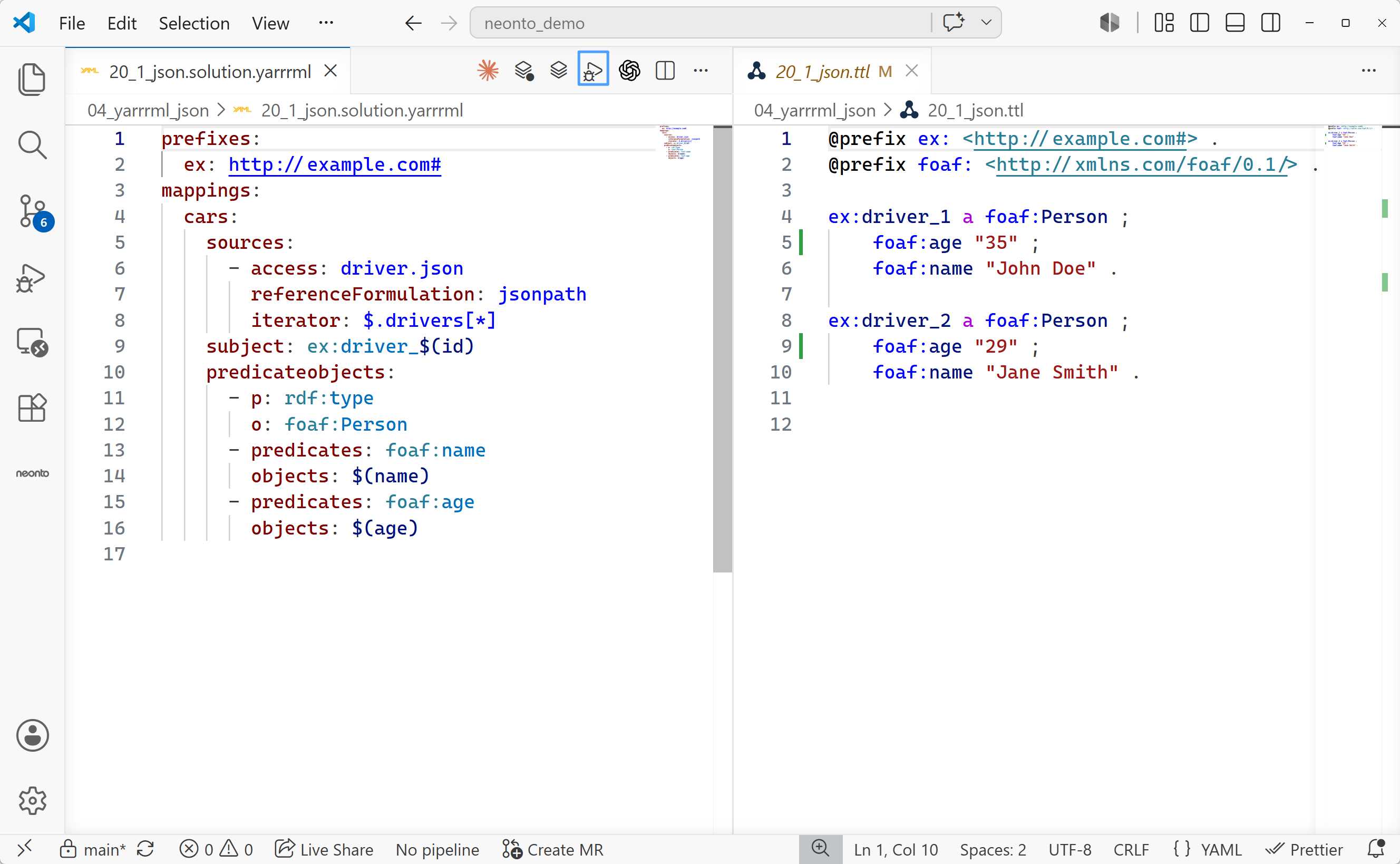 The generated Turtle shown alongside the YARRRML mapping in the editor