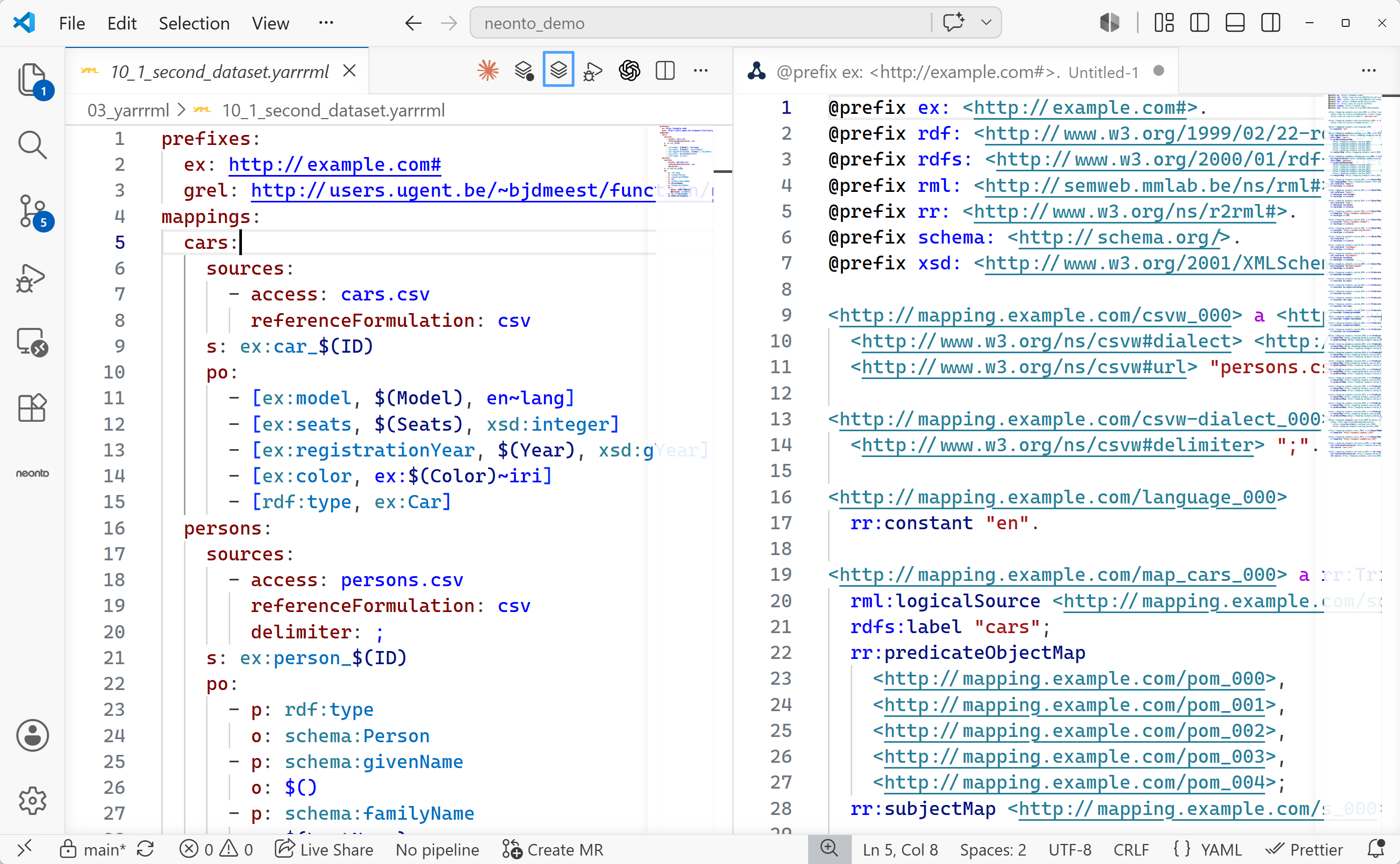 A YARRRML mapping with the Create RML from YARRRML editor-title button highlighted, and the generated RML Turtle document open beside it