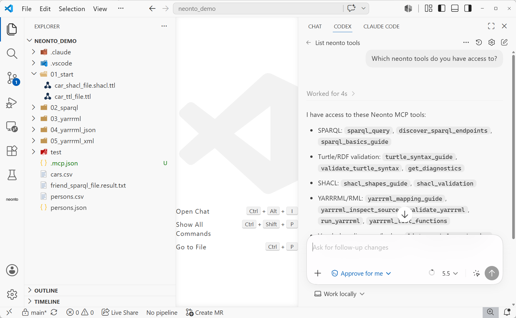 The Codex panel in VS Code answering "Which neonto tools do you have access to?" with the neonto MCP tools grouped by category