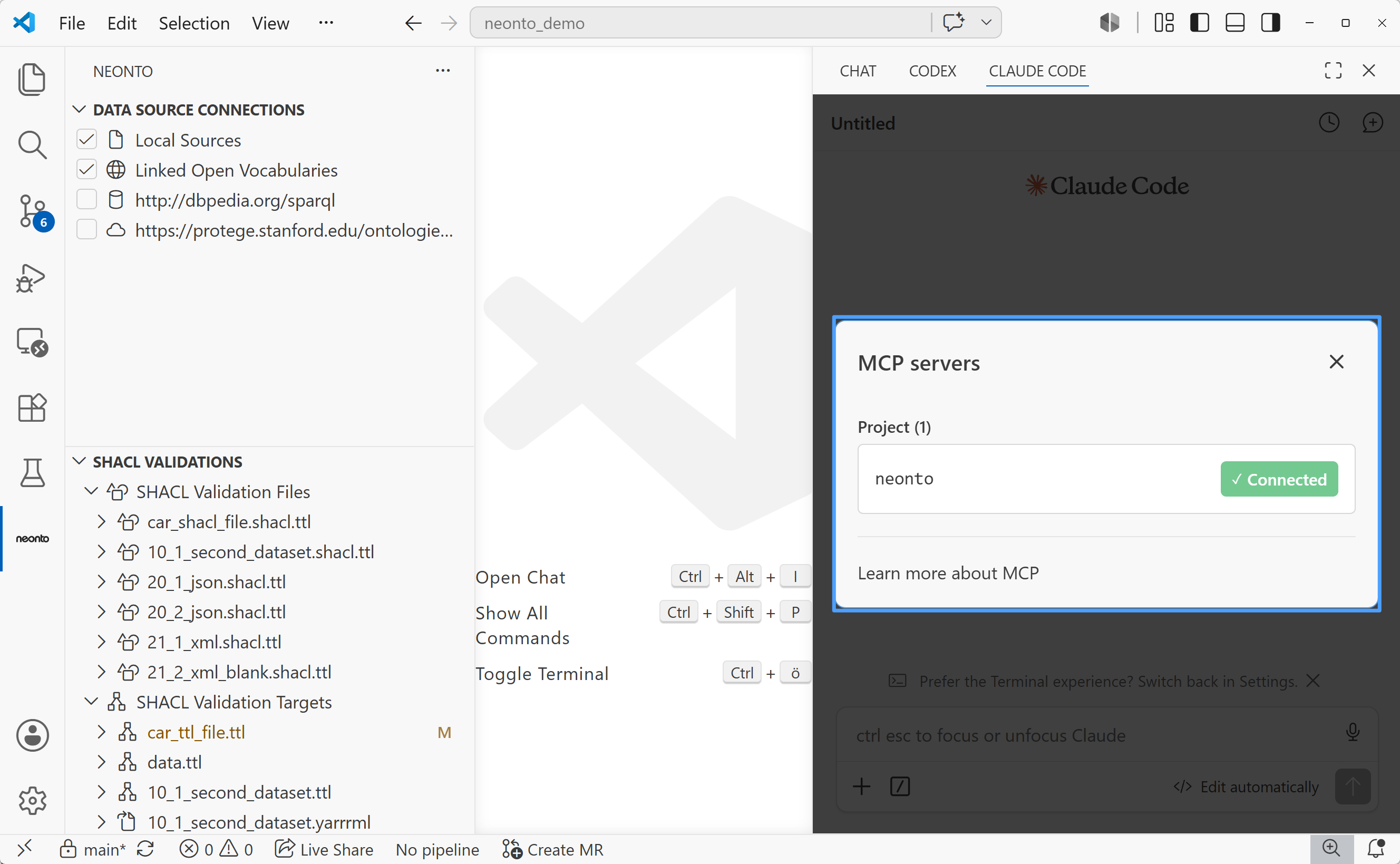 The Claude Code panel in VS Code with the MCP servers dialog open, showing the project server "neonto" with a green Connected badge