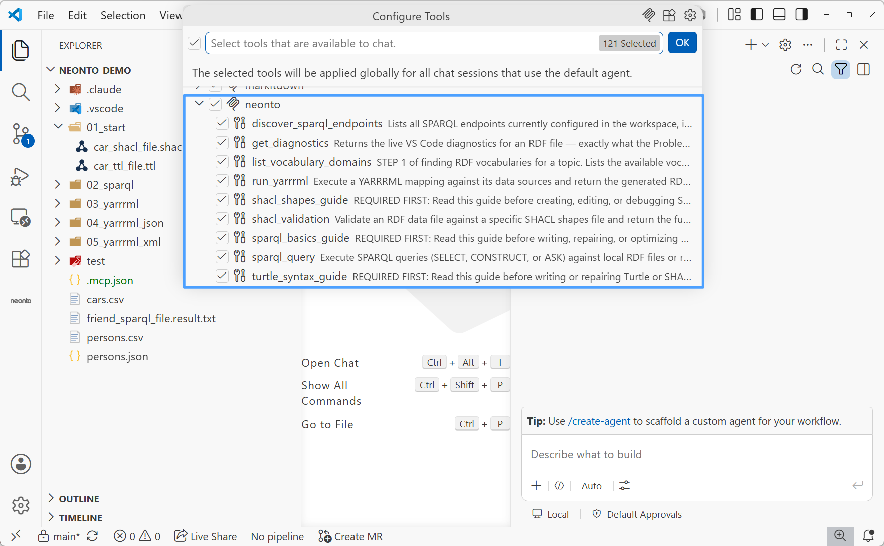 Copilot Chat's Configure Tools picker with the neonto MCP server section highlighted, listing tools like shacl_validation and sparql_query