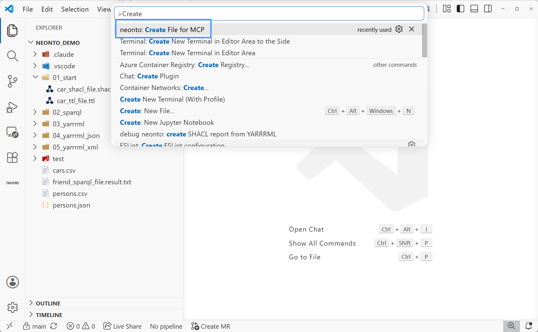 Command Palette with "neonto: Create File for MCP" highlighted