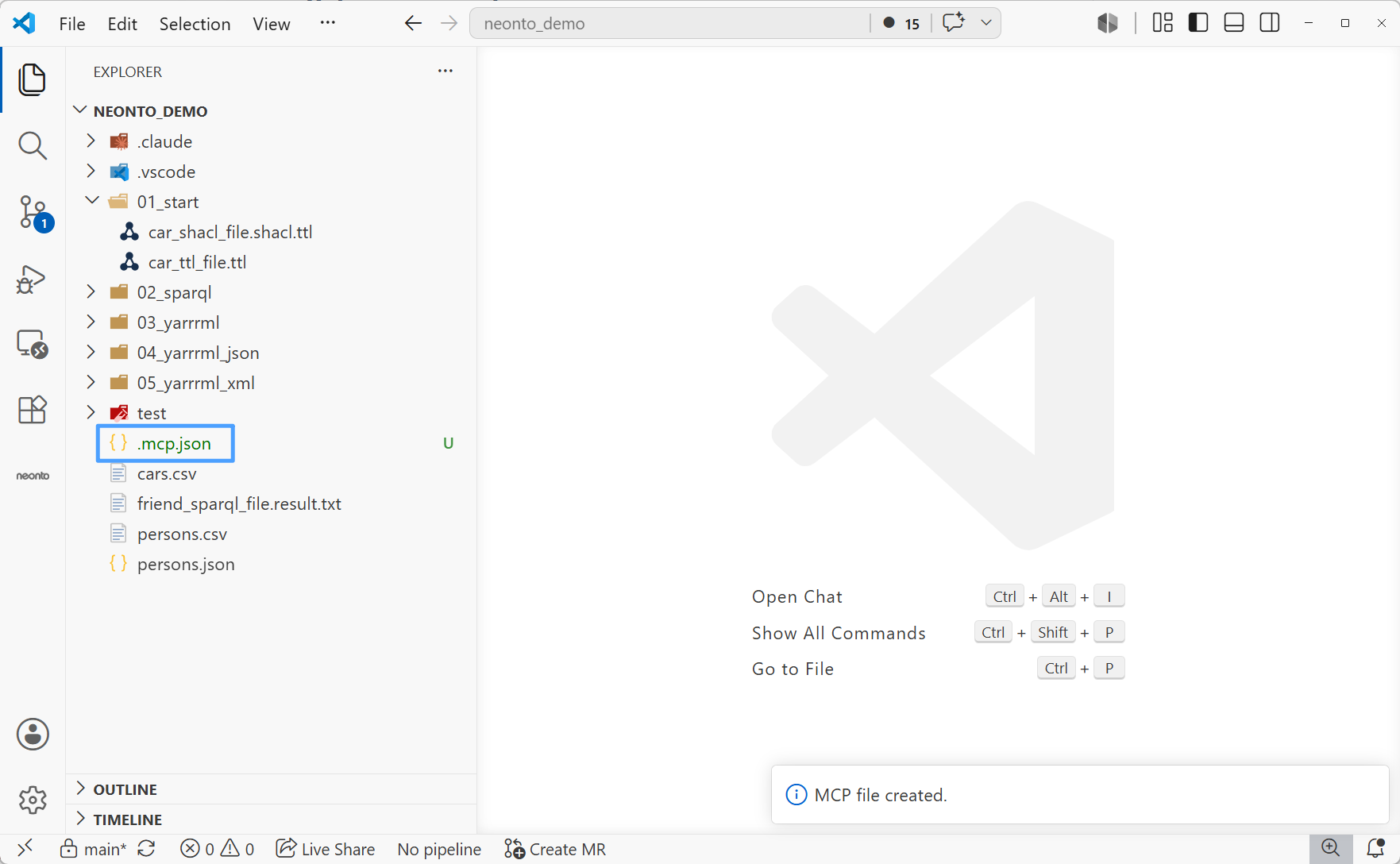 The generated .mcp.json file highlighted in the Explorer, with the "MCP file created." confirmation notification