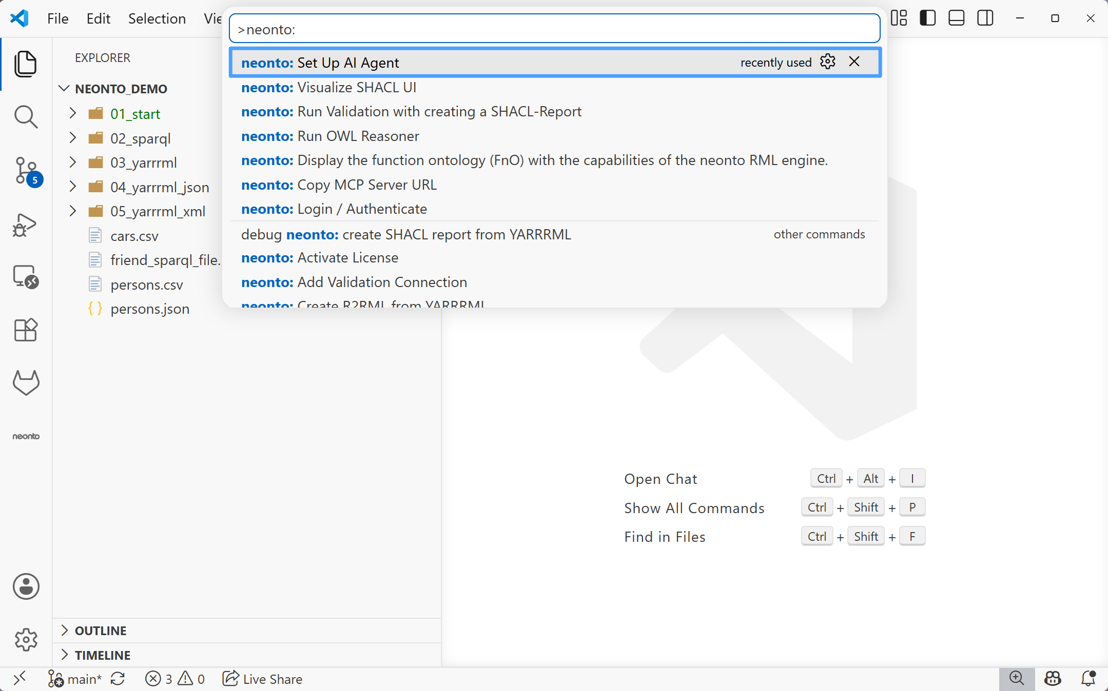 Command Palette with the "neonto: Set Up AI Agent" command highlighted