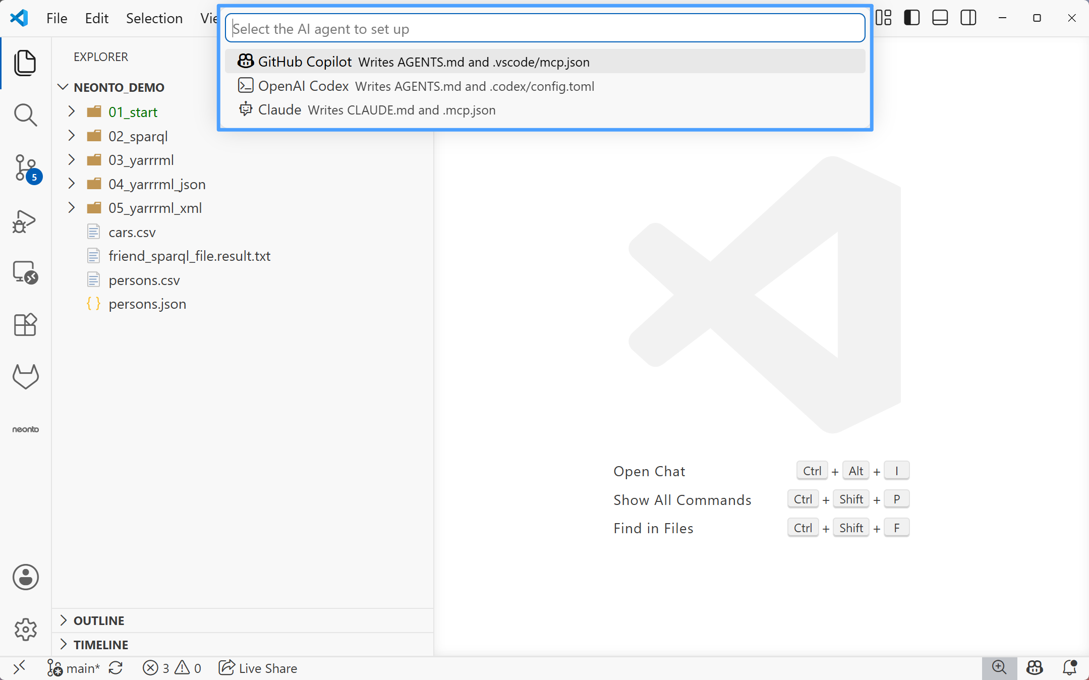 Agent quick pick listing GitHub Copilot, OpenAI Codex, and Claude with the files each one writes