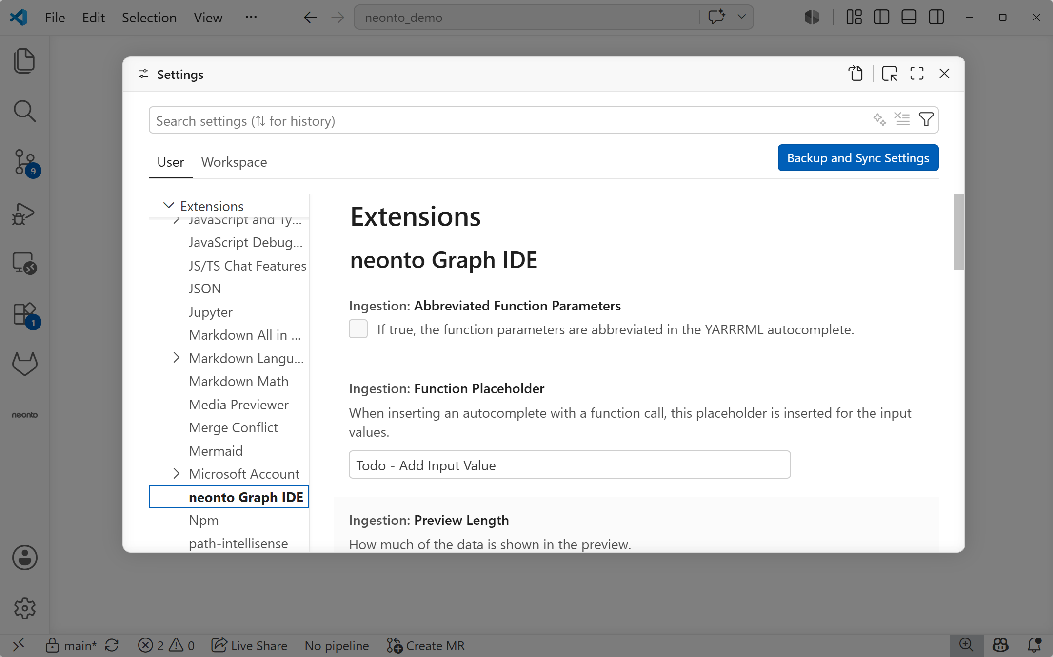The VS Code Settings UI with neonto Graph IDE selected under Extensions