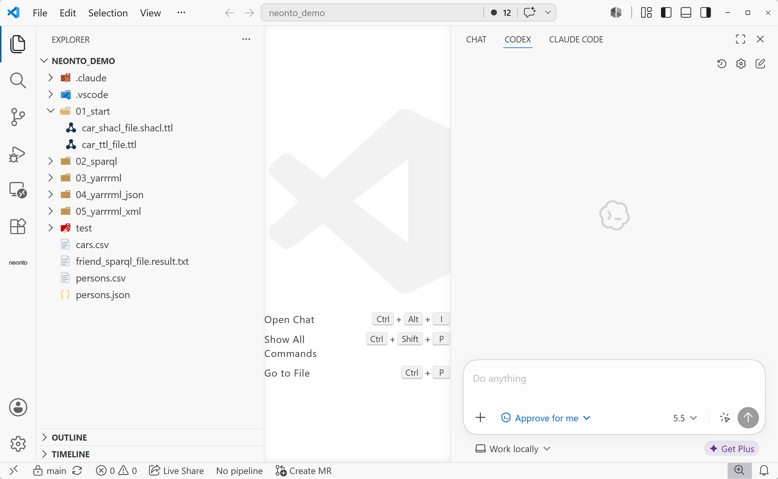 The Codex panel in VS Code with a workspace open