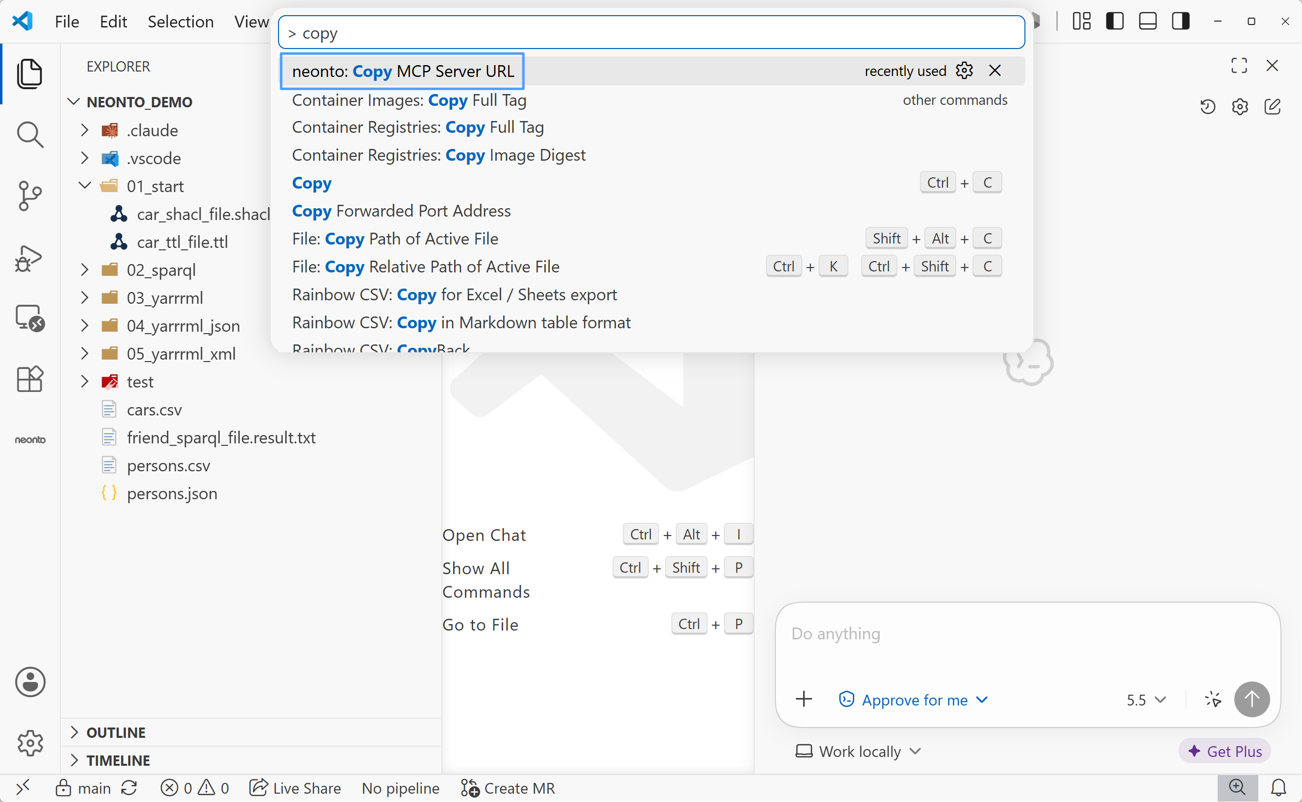 Command Palette with "neonto: Copy MCP Server URL" highlighted