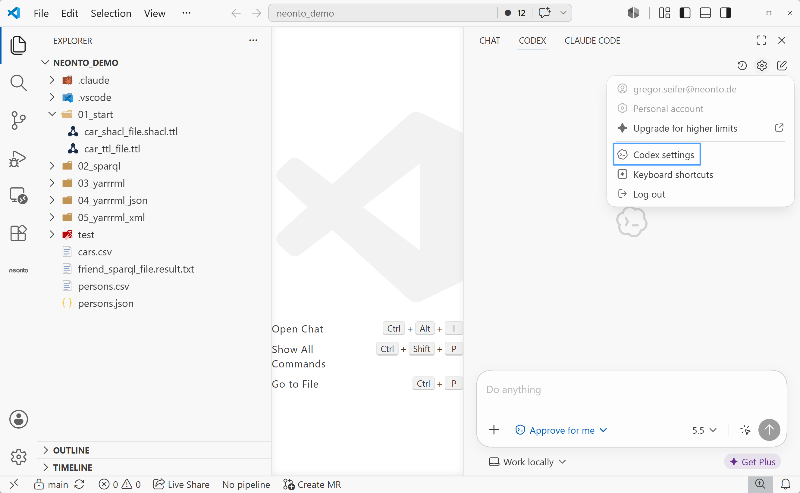 The Codex account menu with the "Codex settings" entry
