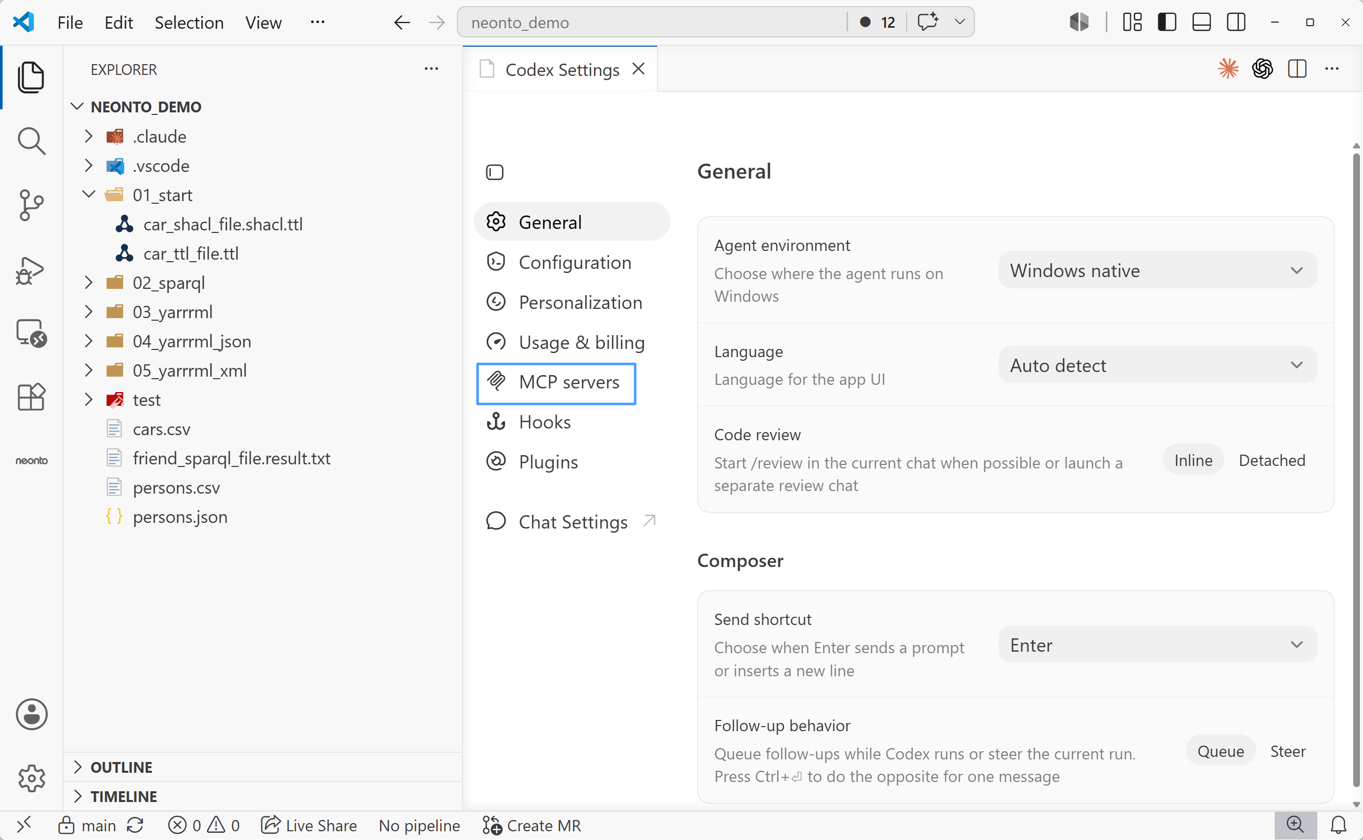 The Codex Settings tab with the "MCP servers" section selected