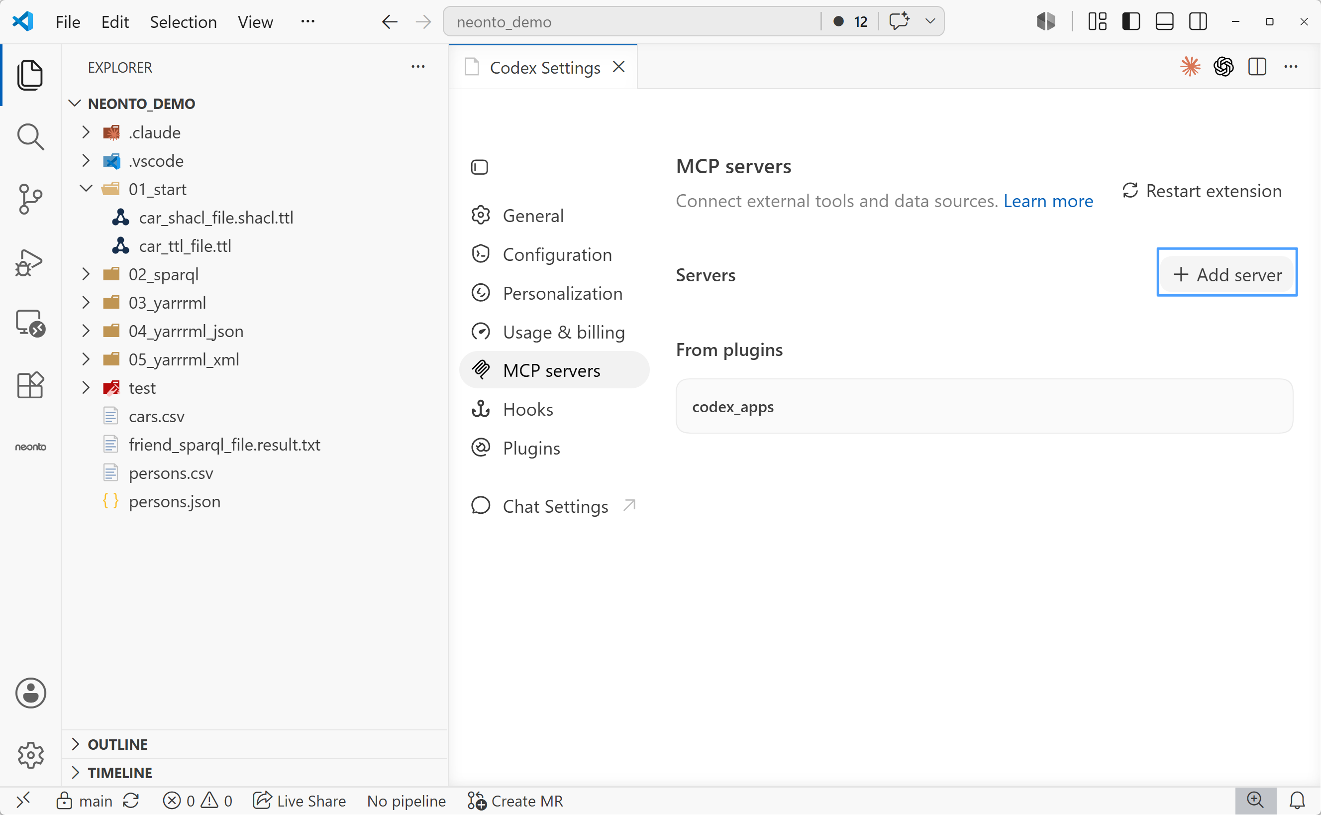 The "Add server" button in the Codex MCP servers list