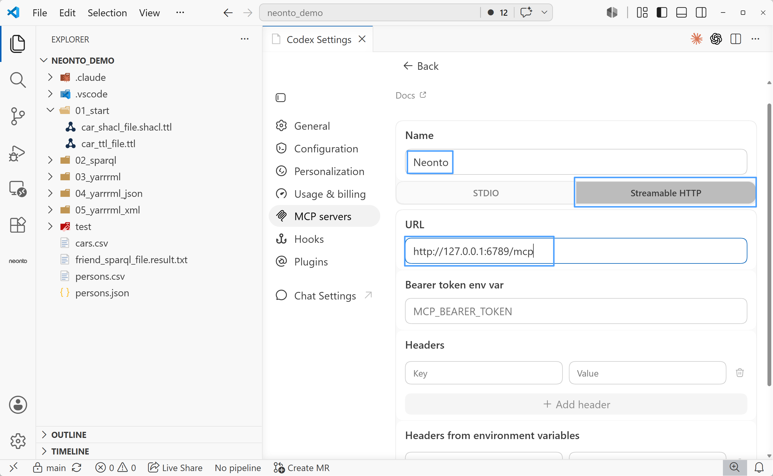 The add-server form with name "Neonto", type "Streamable HTTP", and the pasted server URL